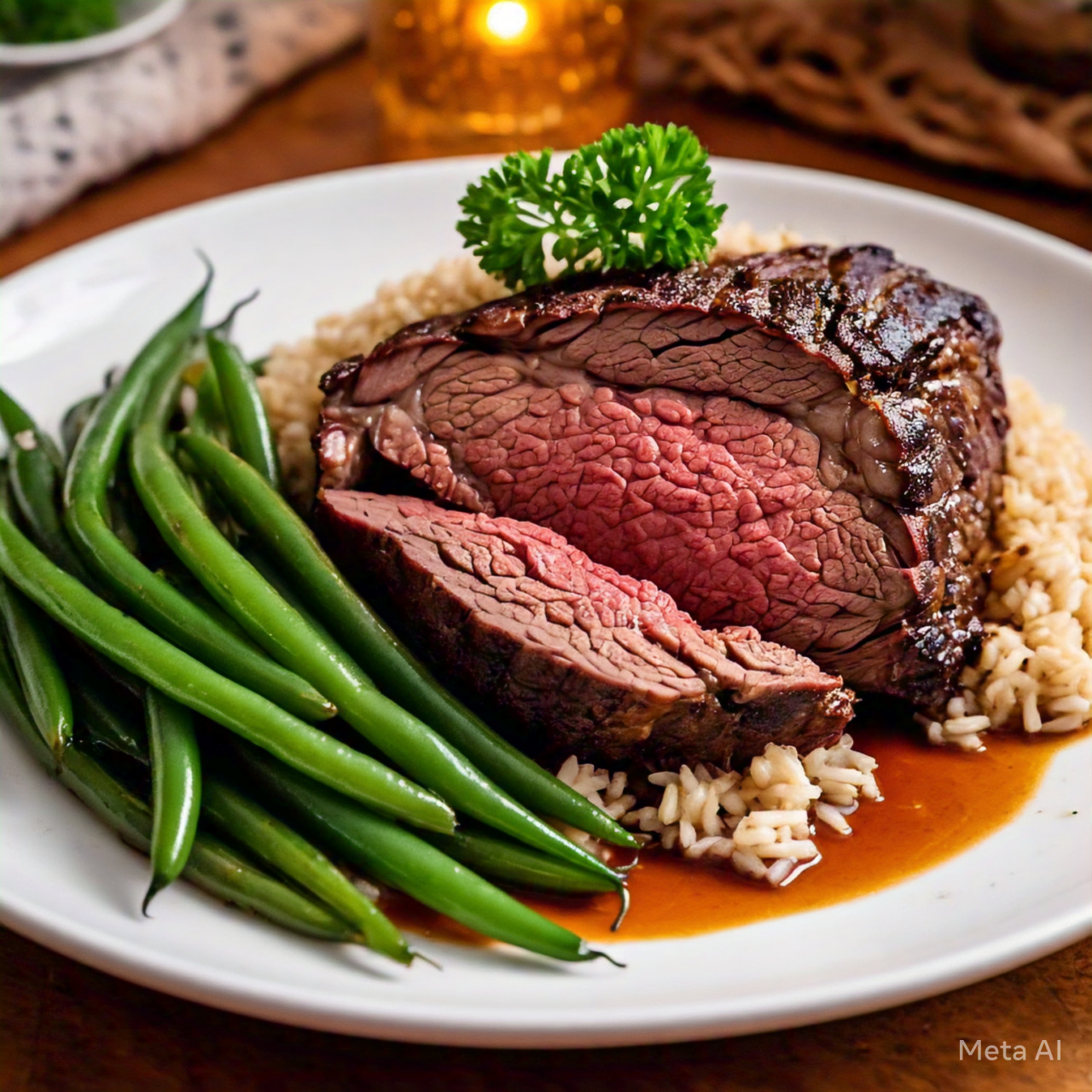 Succulent Roast Beef with Brown Rice and String Beans