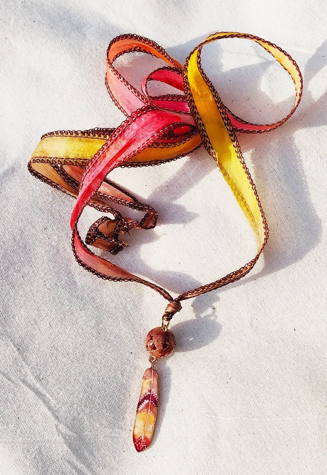 Handmade Carved Gemstone & Feather Multi Layered Silk Wrap Ribbon Bracelet 