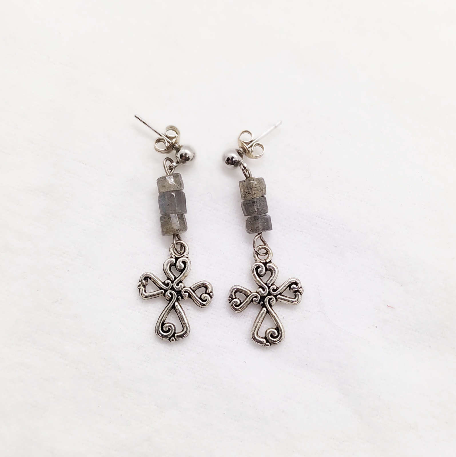 Christian Cross Labradorite Gemstone Dangle Earrings