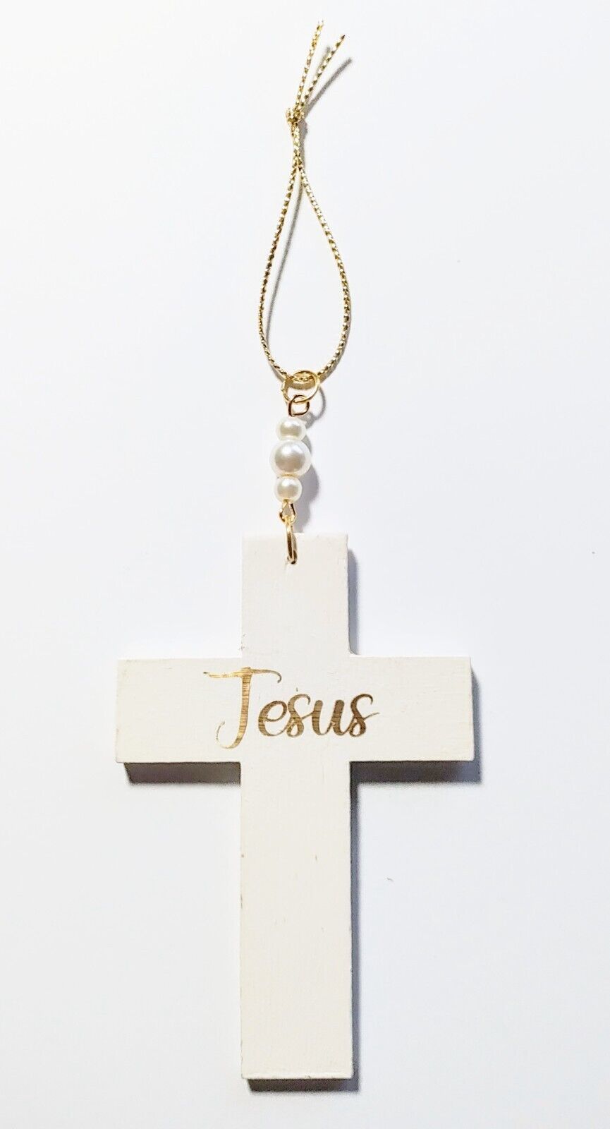 Christian Jesus Cross Pearl White and Gold Holiday Tree Ornament