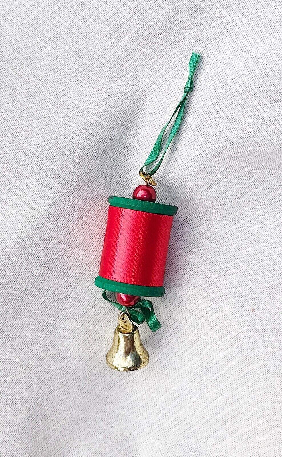 Festive Wooden Spool Christmas Ornament with Bell - Handmade Holiday