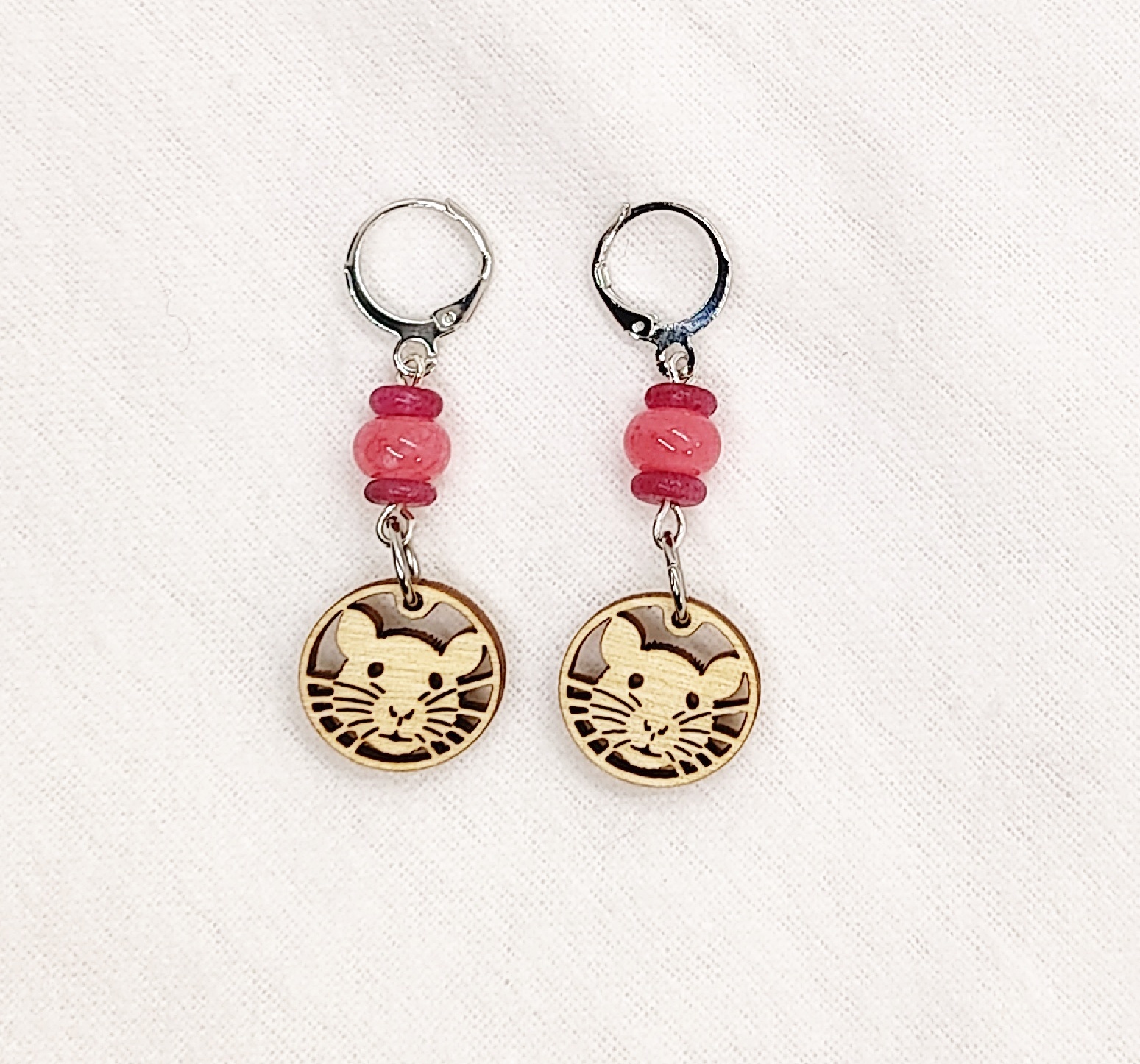 Handcrafted Cute Rat Face Wooden Charm & Pink Gemstone Dangle Earrings