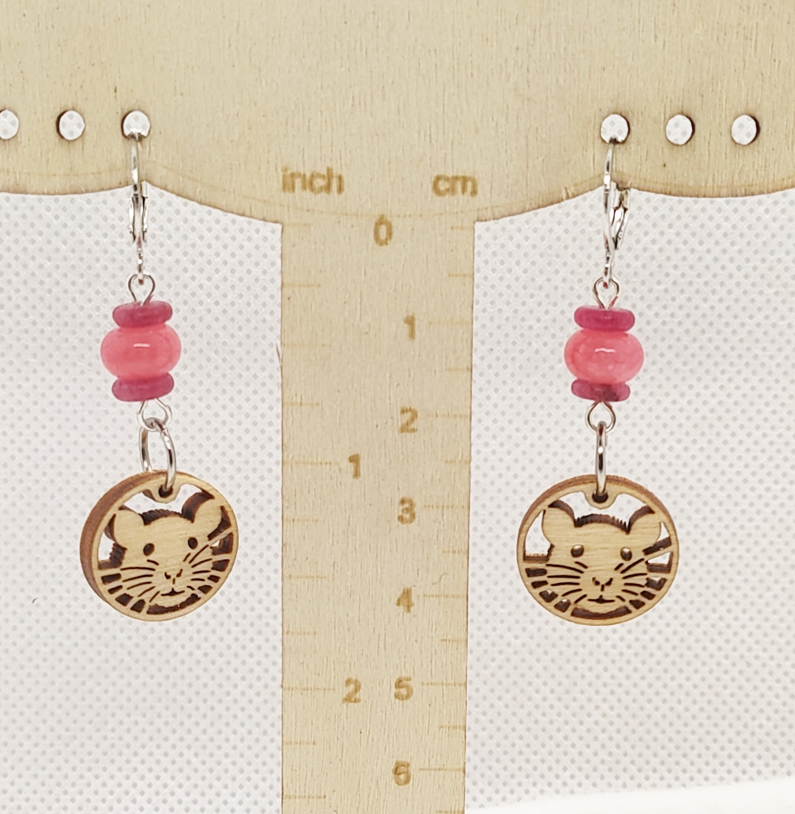 Handcrafted Cute Rat Face Wooden Charm & Pink Gemstone Dangle Earrings