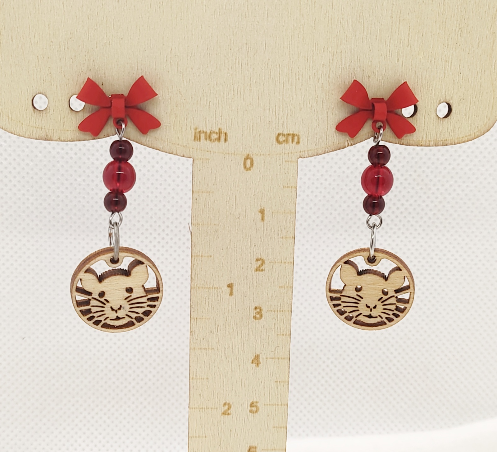 Handcrafted Cute Rat Face Wooden Charm & Red Gemstone Post Bow Earrings