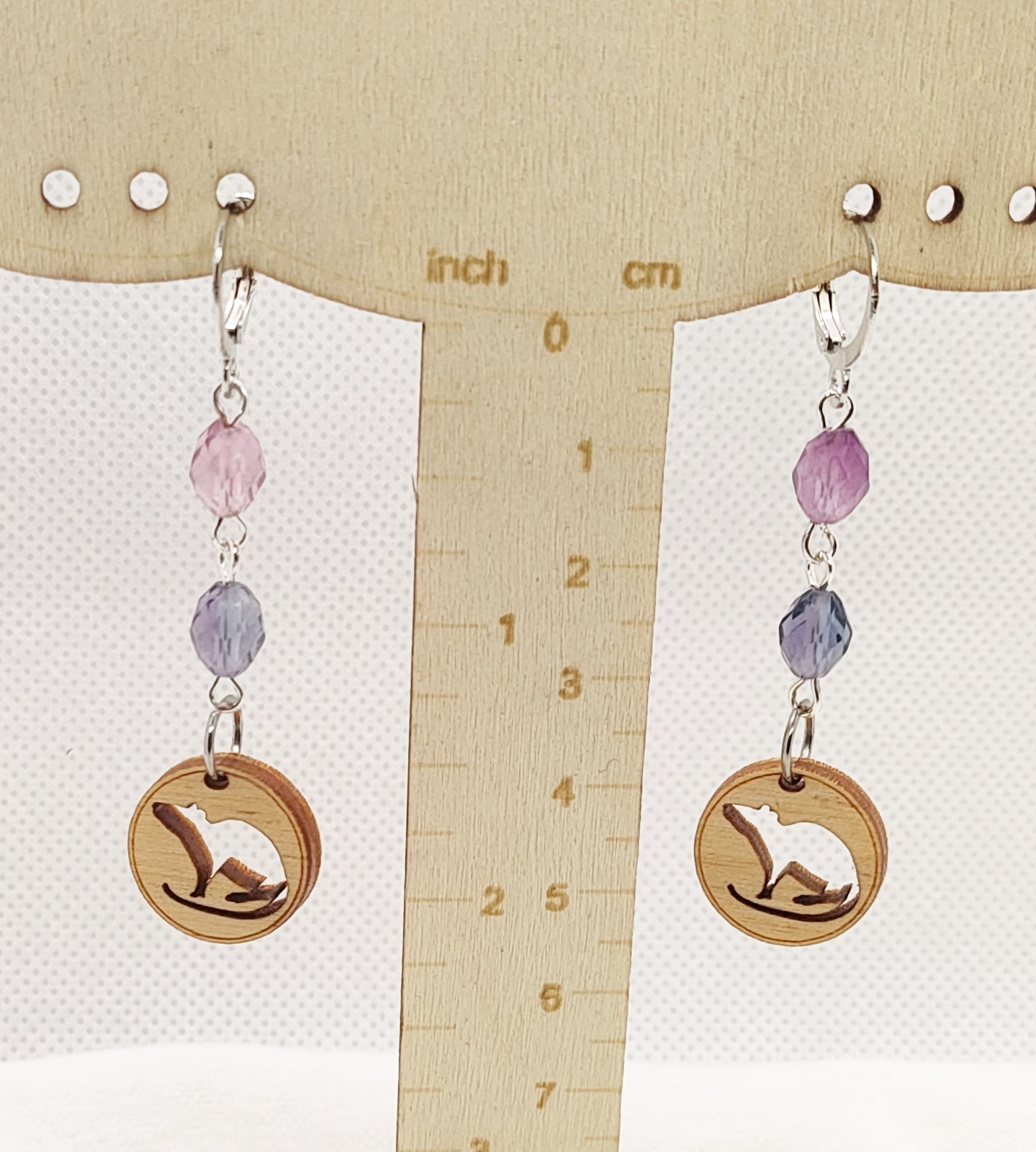 Handcrafted Cute Rat Silhouette Wooden Charm & Fluorite Gemstone Dangle Earrings