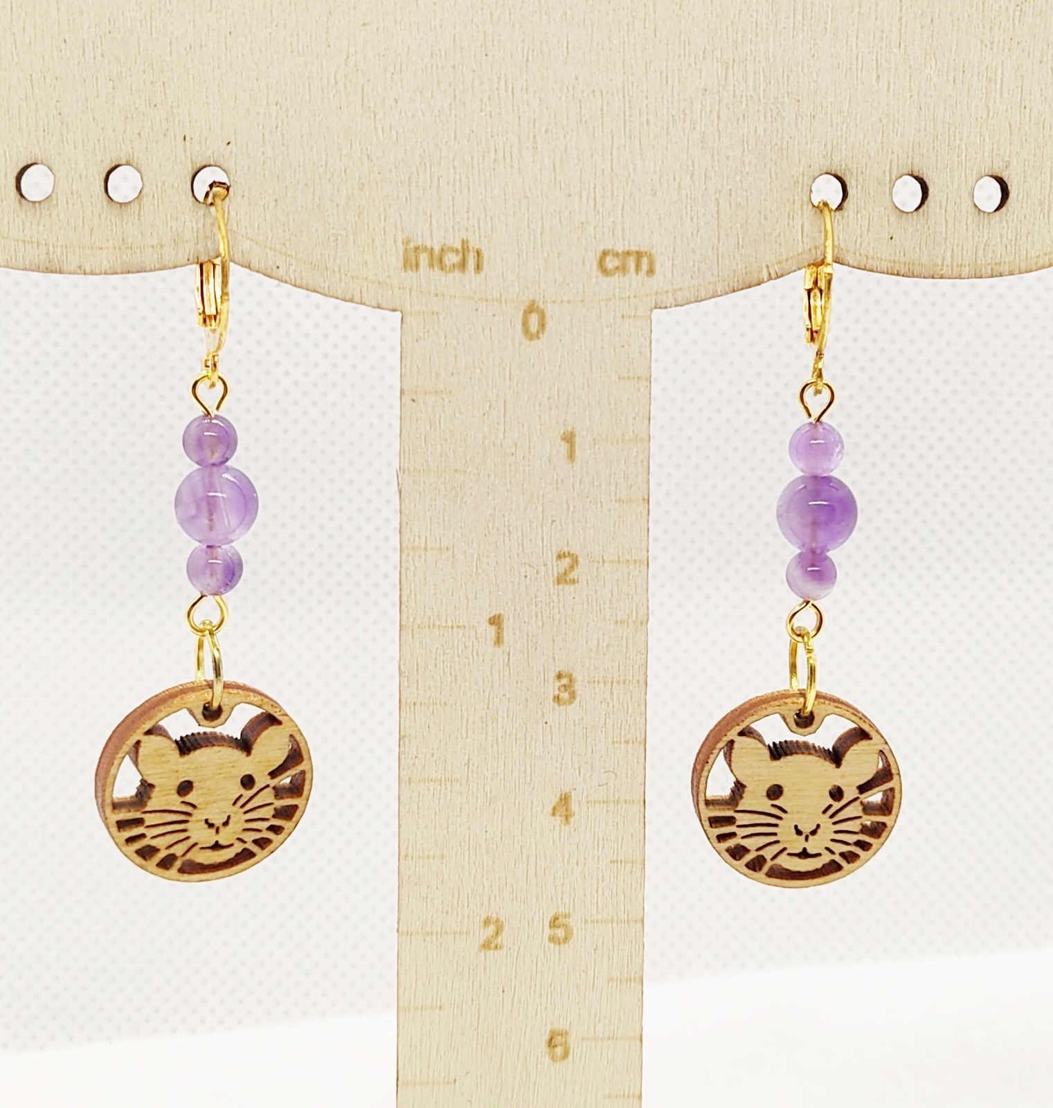 Handcrafted Cute Rat Wooden Rat Charm & Amethyst Gemstone Dangle Earrings