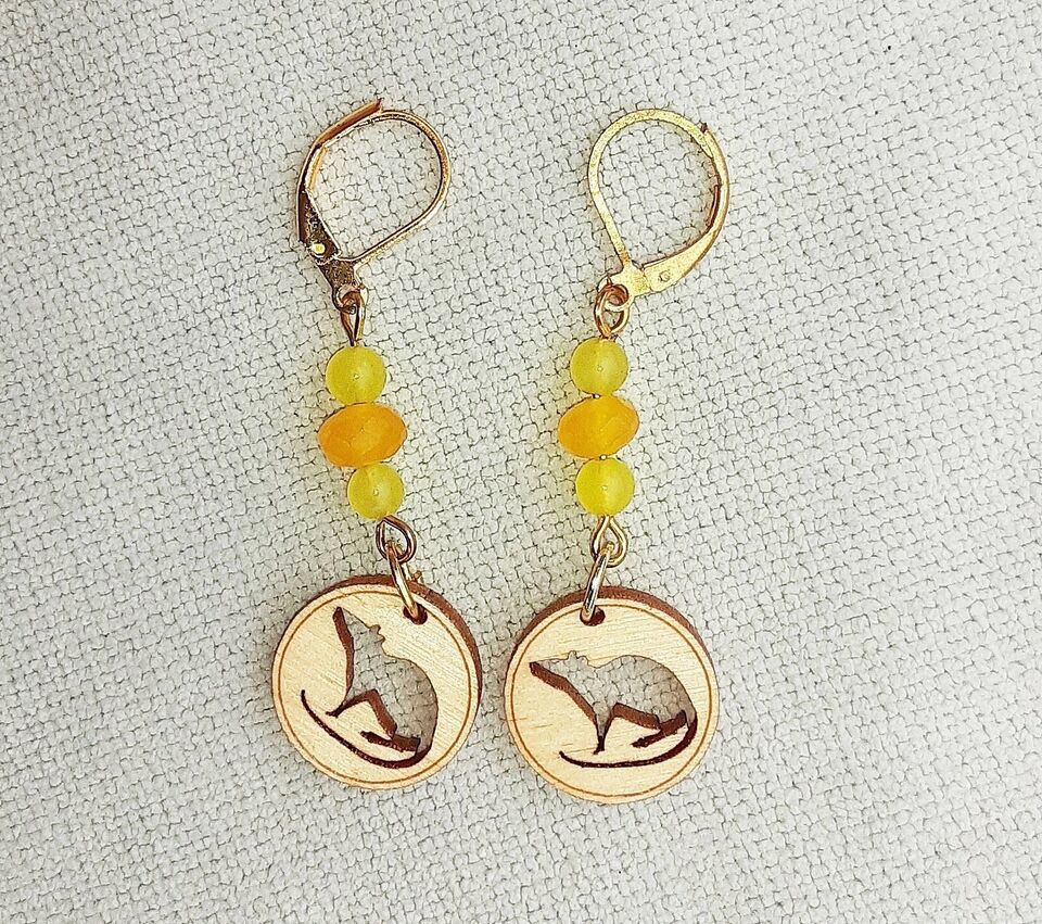 Handcrafted Cute Rat Wooden Rat Charm & Gemstone Dangle Earrings