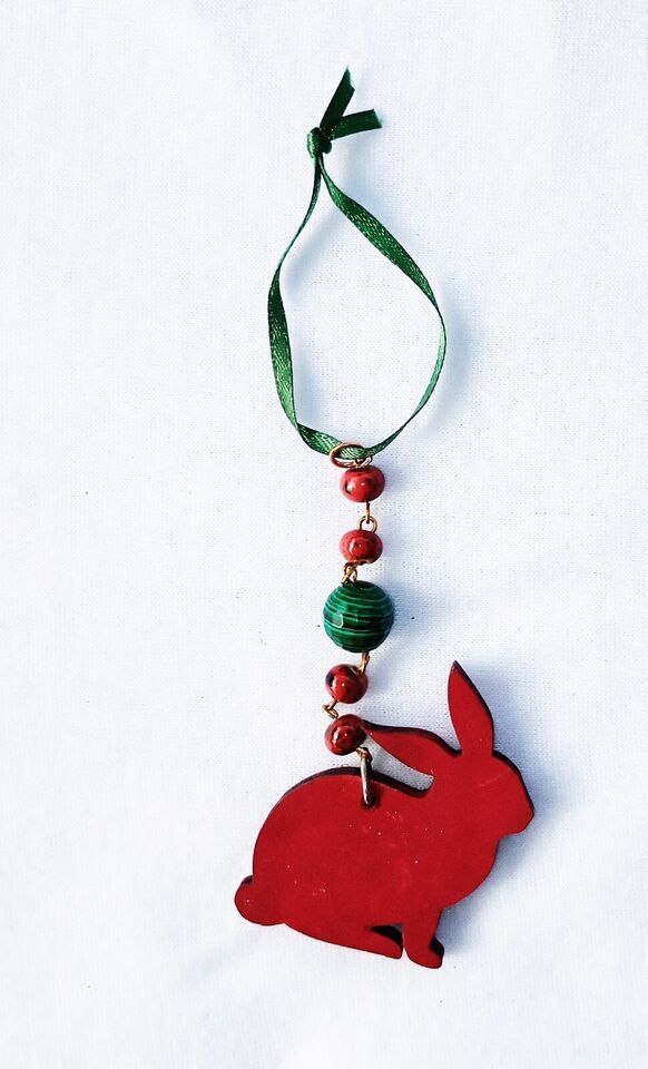 Handcrafted Wooden Rabbit Bunny Beaded Icicle Ornament 