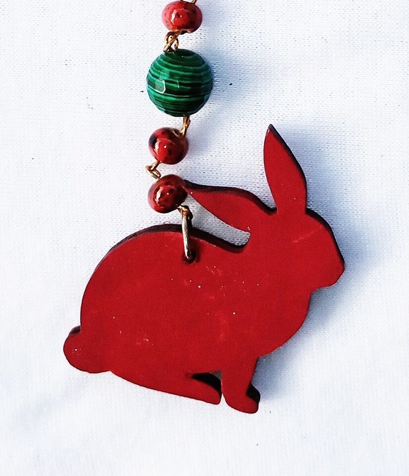 Handcrafted Wooden Rabbit Bunny Beaded Icicle Ornament 
