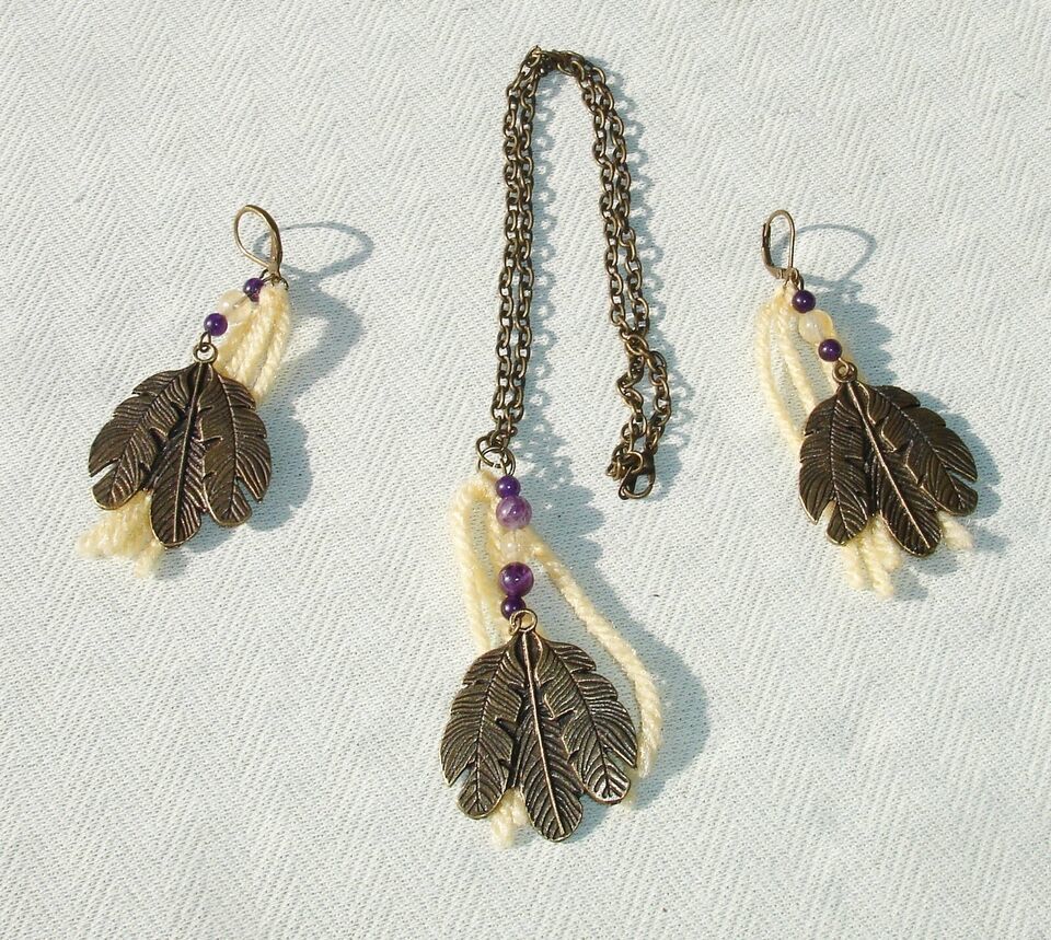 Handmade Bronze Feather & Gemstone Jewelry Set 