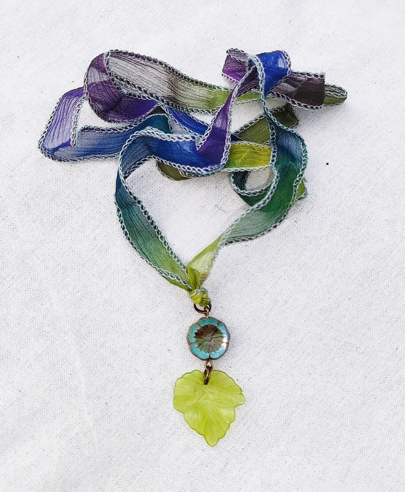 Purple & Green Leaf Bohemian Silk Wrap Ribbon Bracelet 