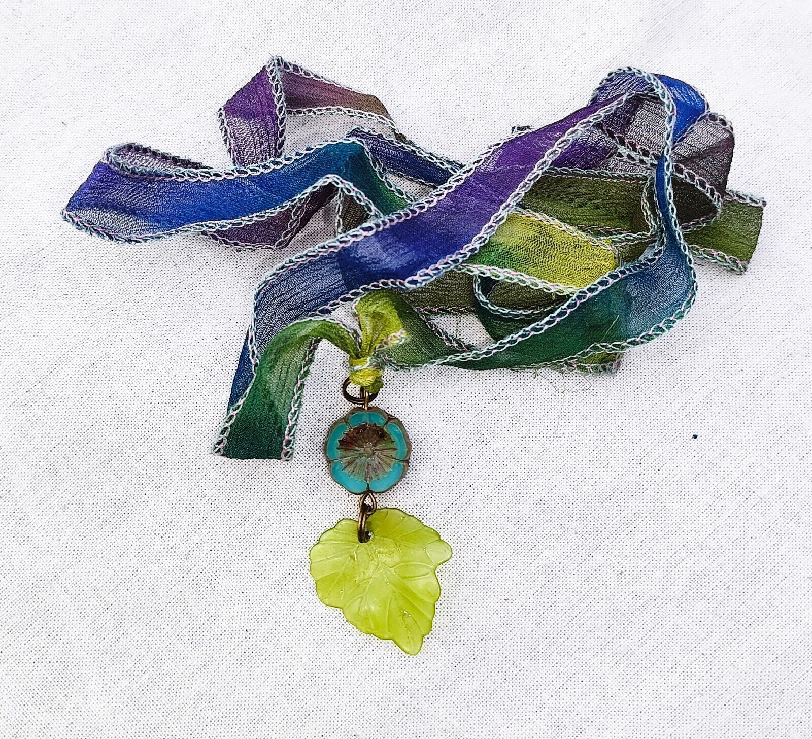 Purple & Green Leaf Bohemian Silk Wrap Ribbon Bracelet 