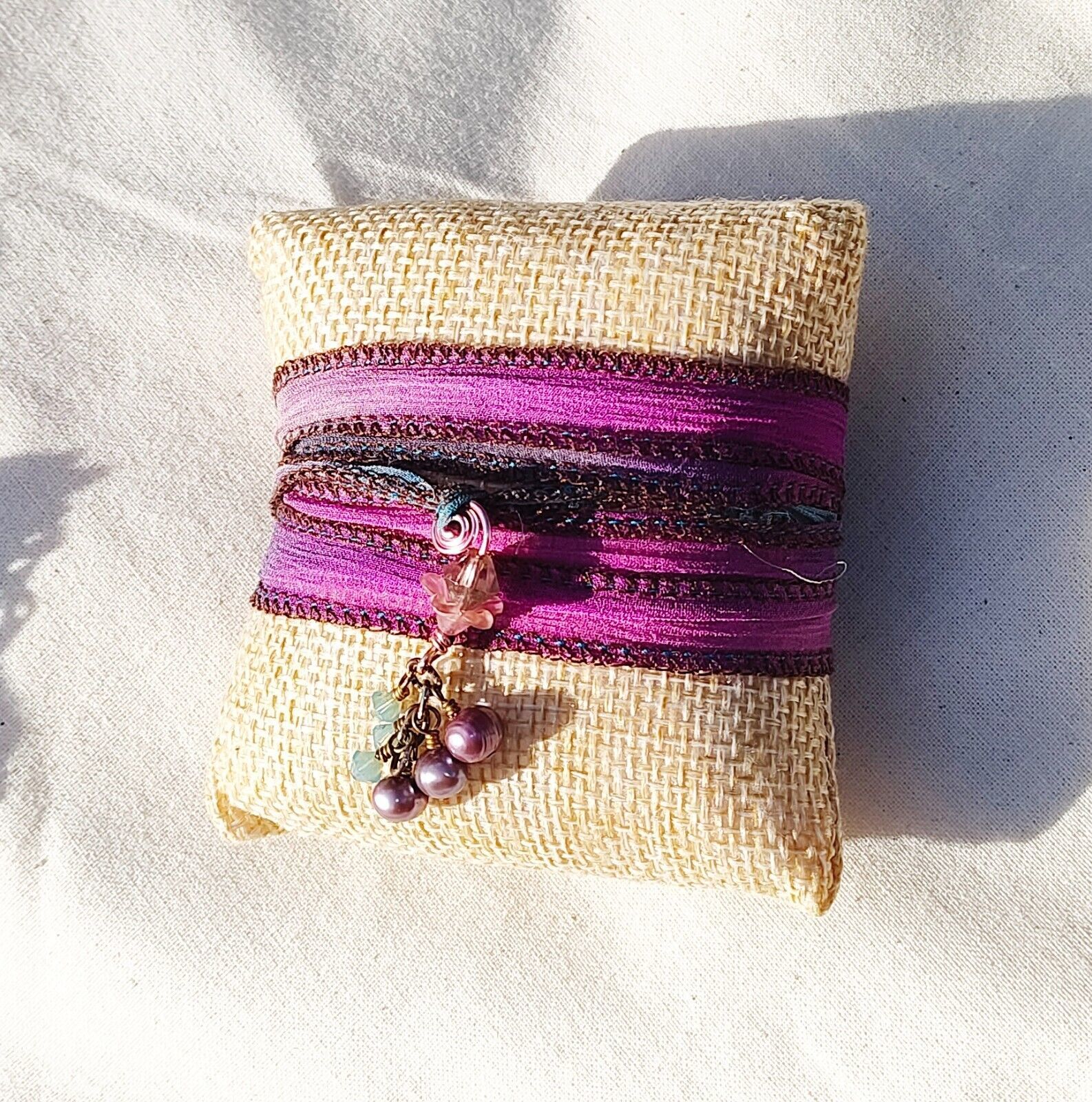 Purple Fresh Water Pearl Multi-Wrap Silk Wrap Ribbon Bracelet 