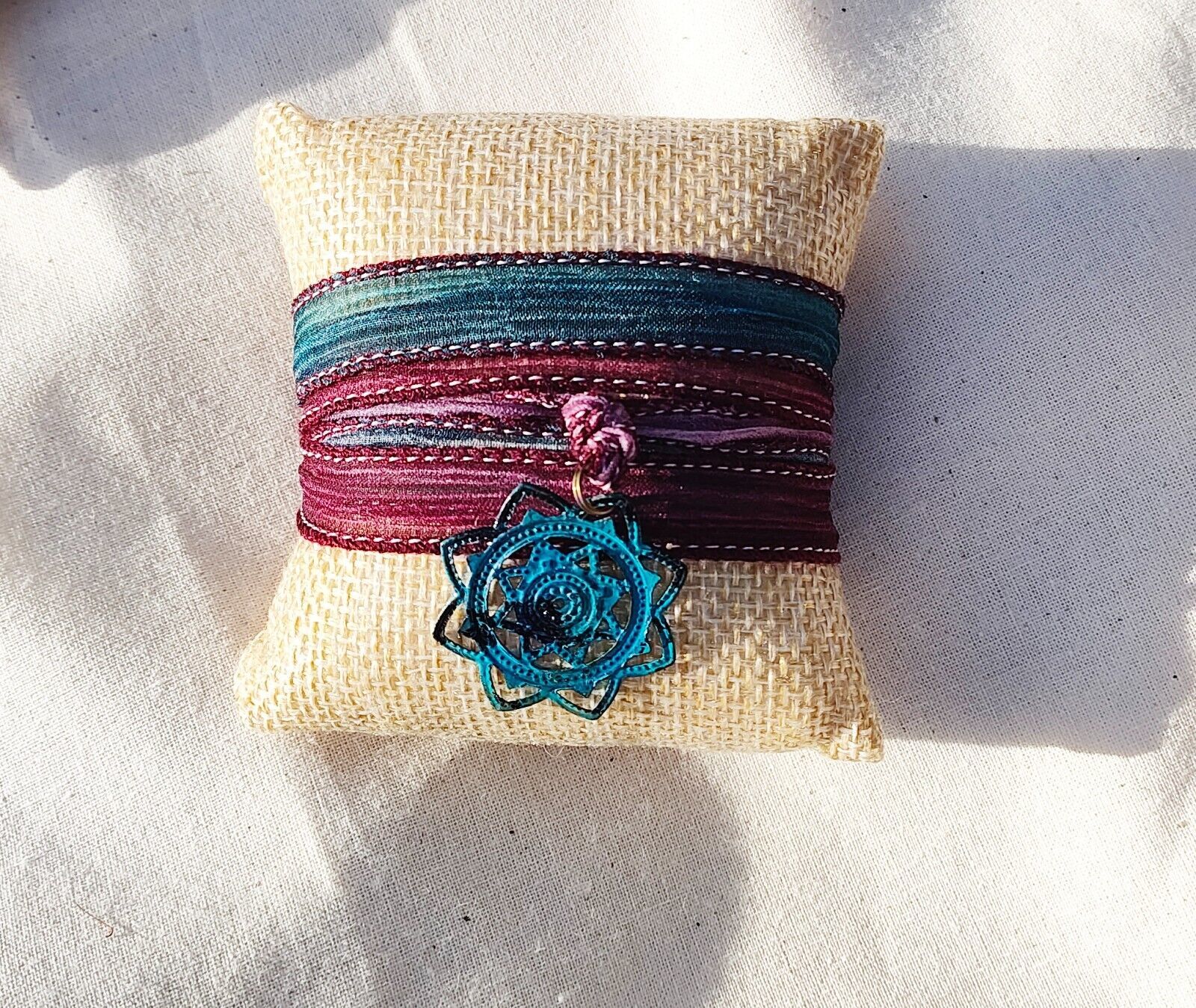 Unique Purple & Blue Bohemian Multi Layered Silk Wrap Ribbon Bracelet 
