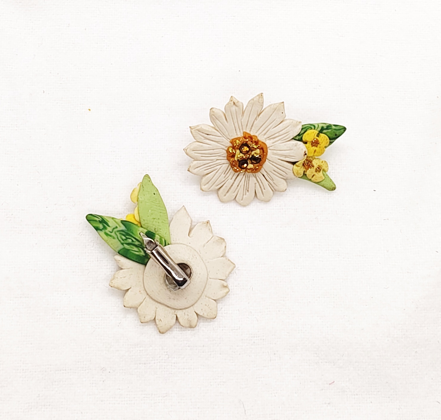 Vintage Clay Daisy Clip on Earrings