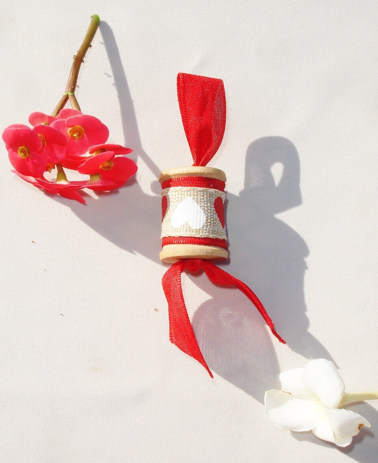 Wooden Decorative Red & White Heart Spool Ornament 