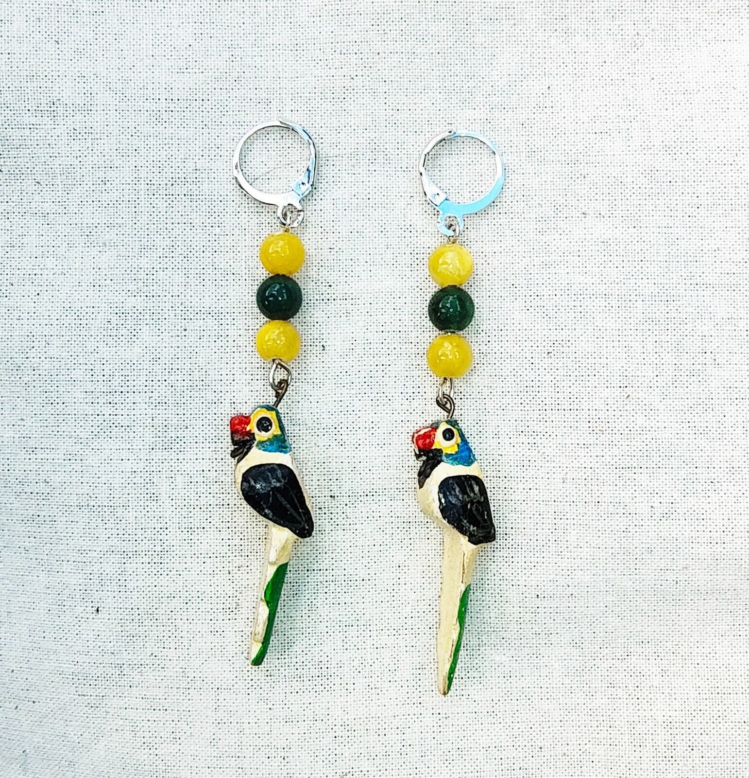 Wooden Parrot and Gemstone Summer Dangle Earrings 