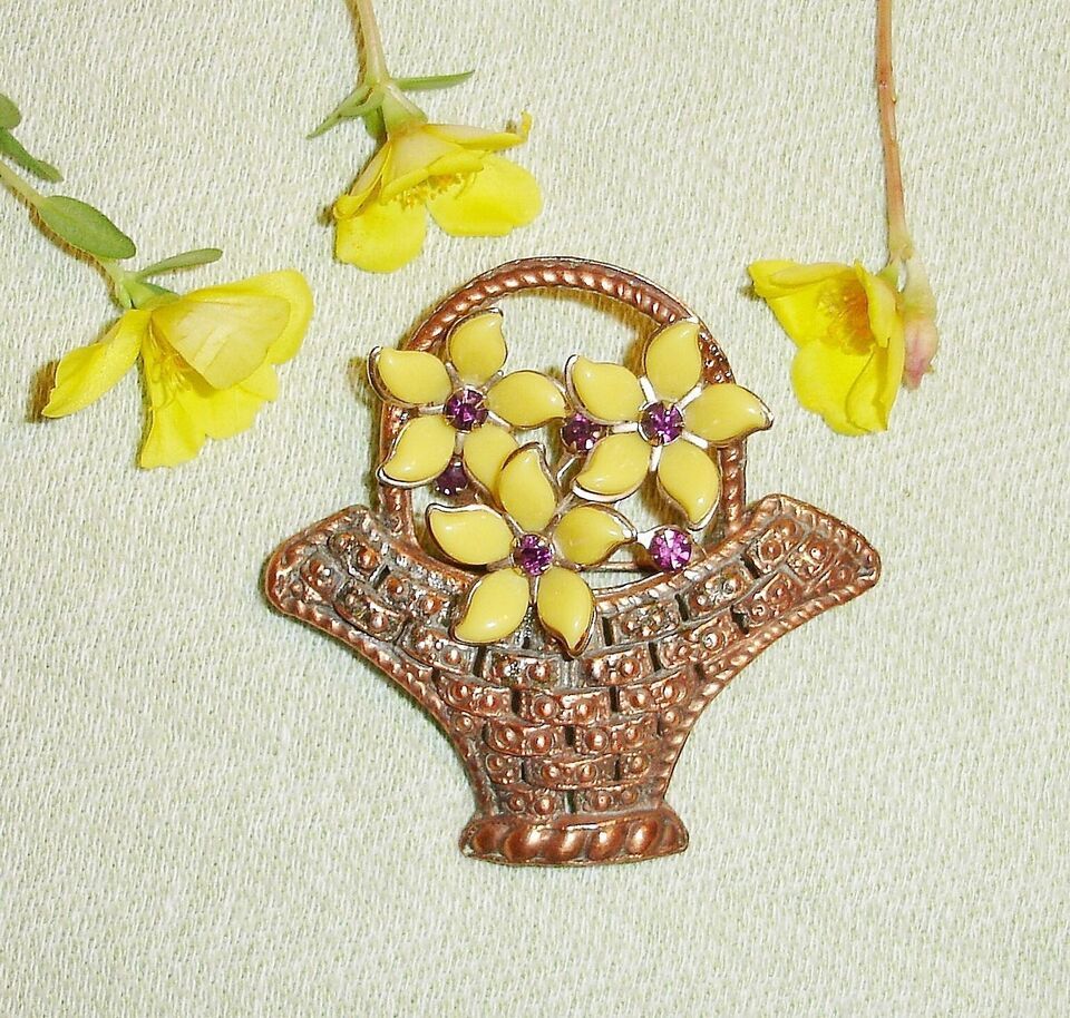 Yellow & Purple Rhinestone Flowers in Copper Basket Upcycled Brooch - OOAK