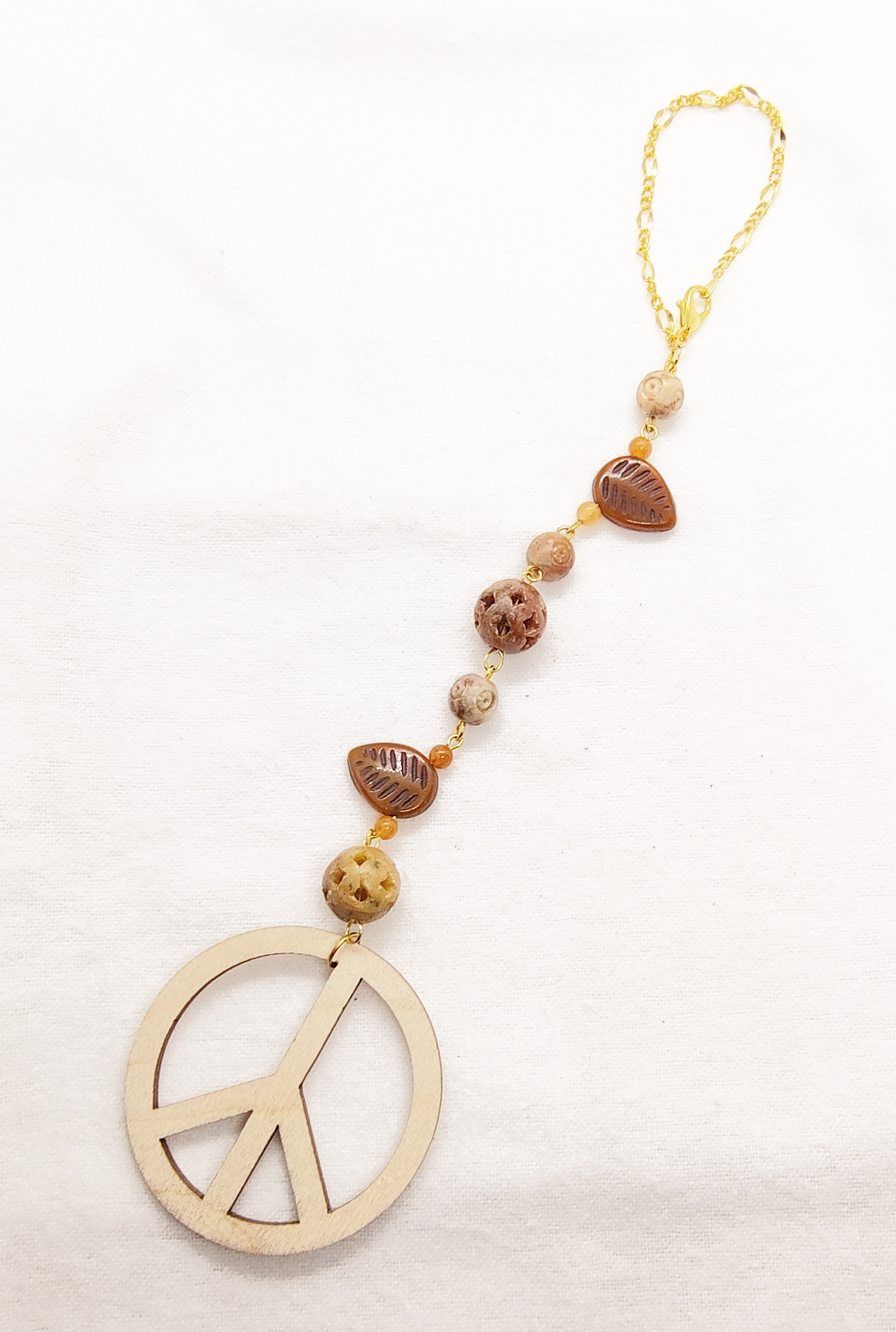 Wooden Peace Sign & Gemstone Rear View Mirror Car Charm