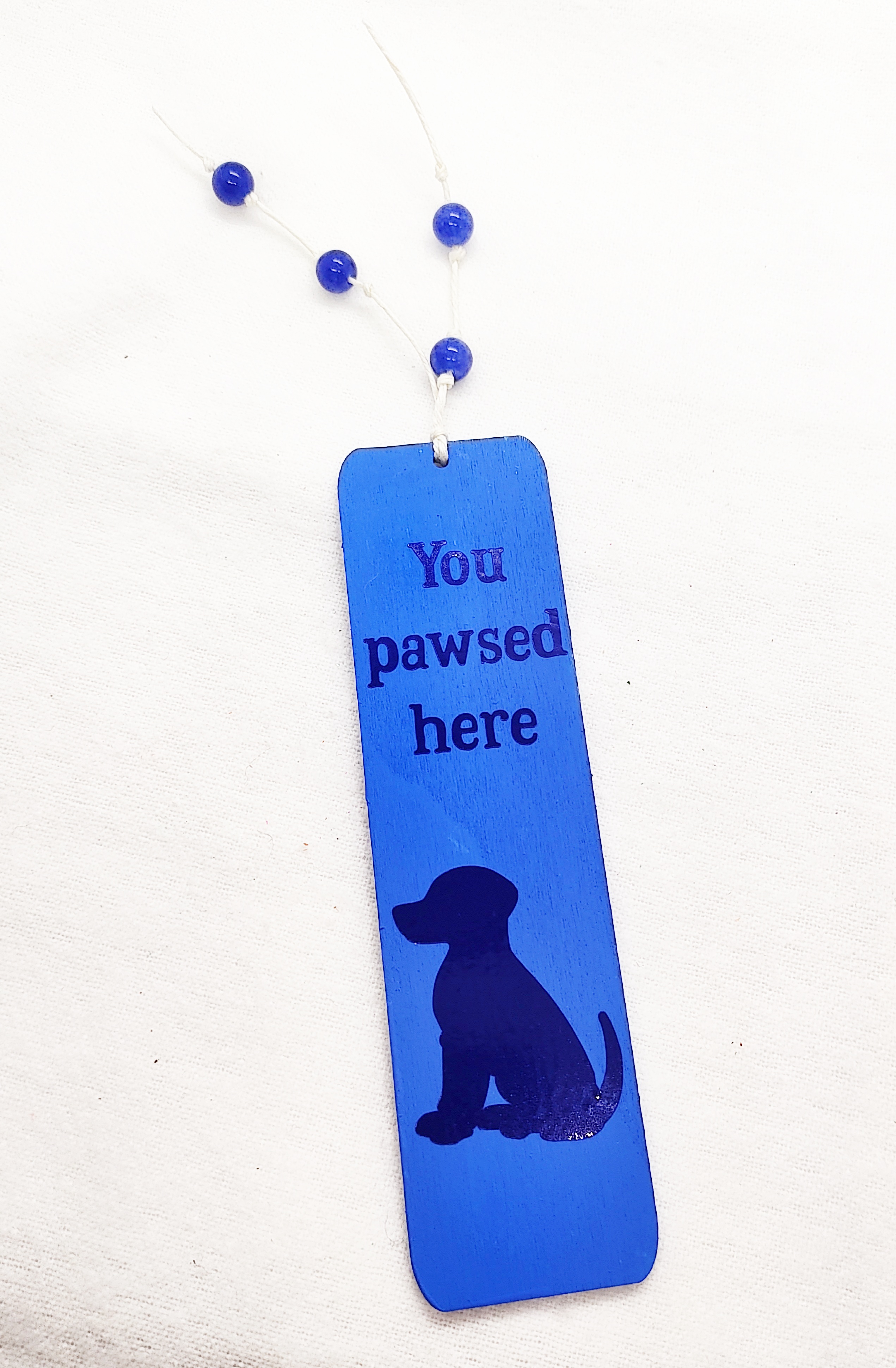 Handmade Wooden Blue You Pawsed Here Dog Bookmark with Gemstones