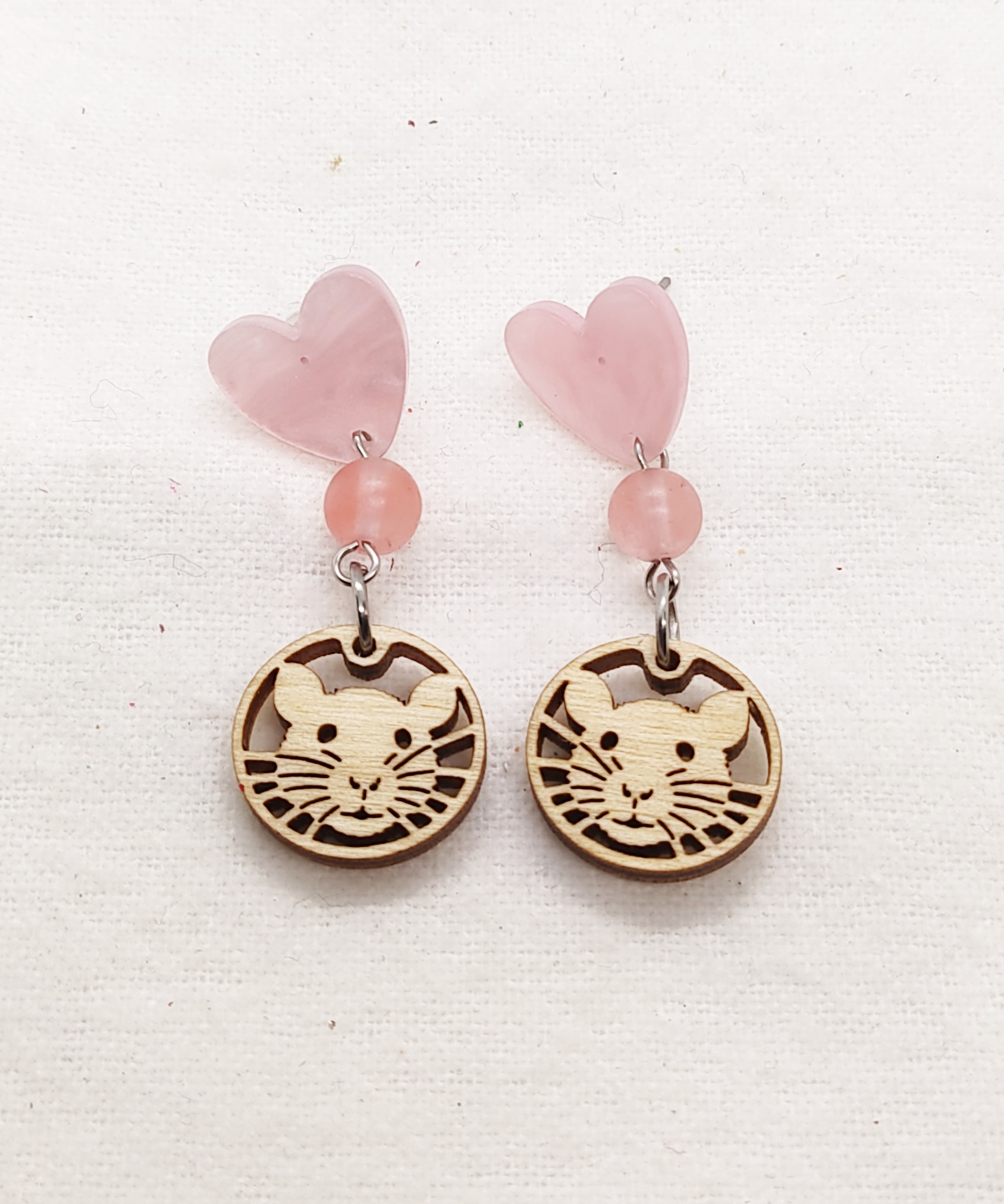 Cute Rat Face Wooden Charm & Pink Quartz Gemstone Post Heart Shaped Earrings