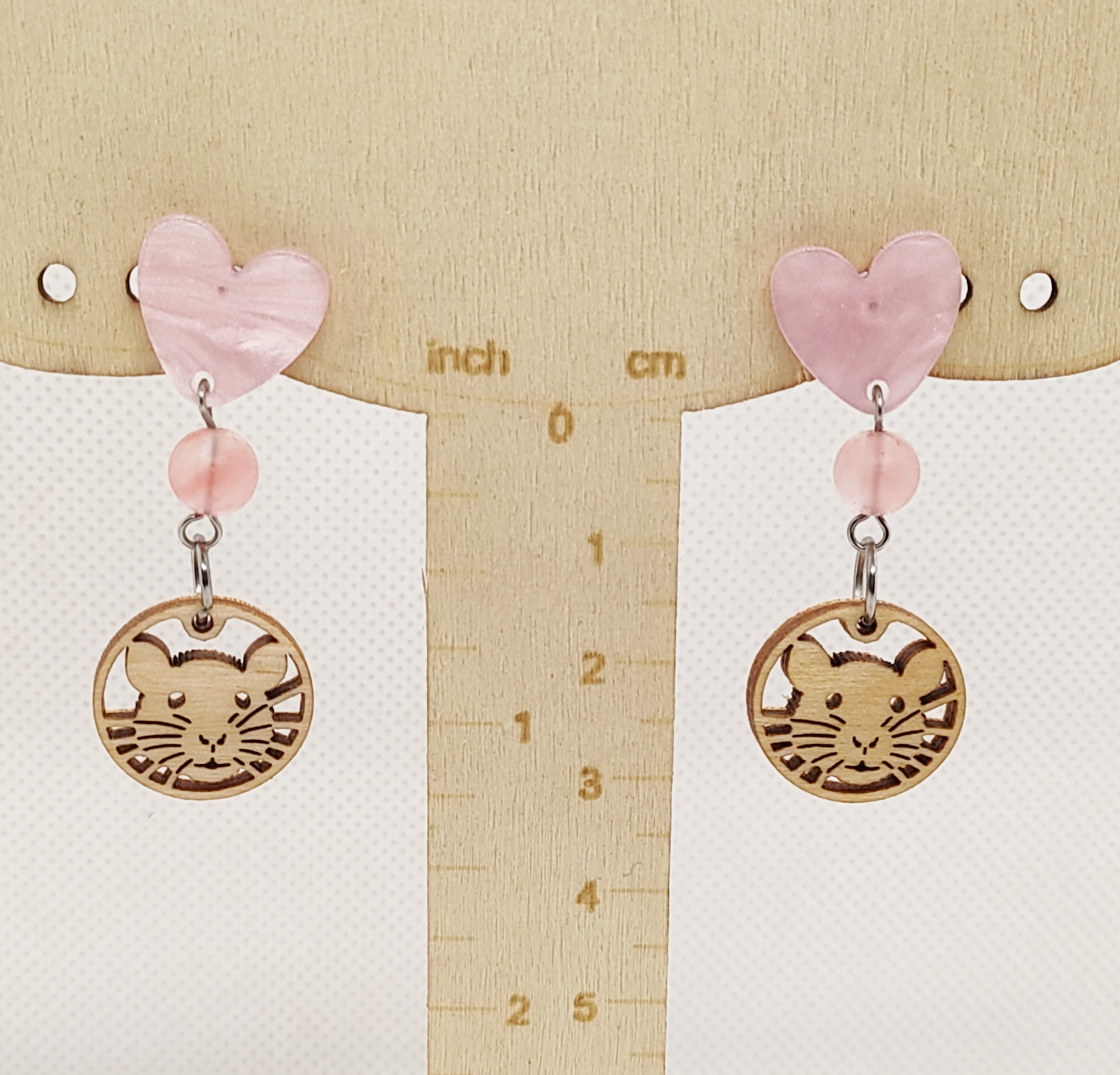 Cute Rat Face Wooden Charm & Pink Quartz Gemstone Post Heart Shaped Earrings