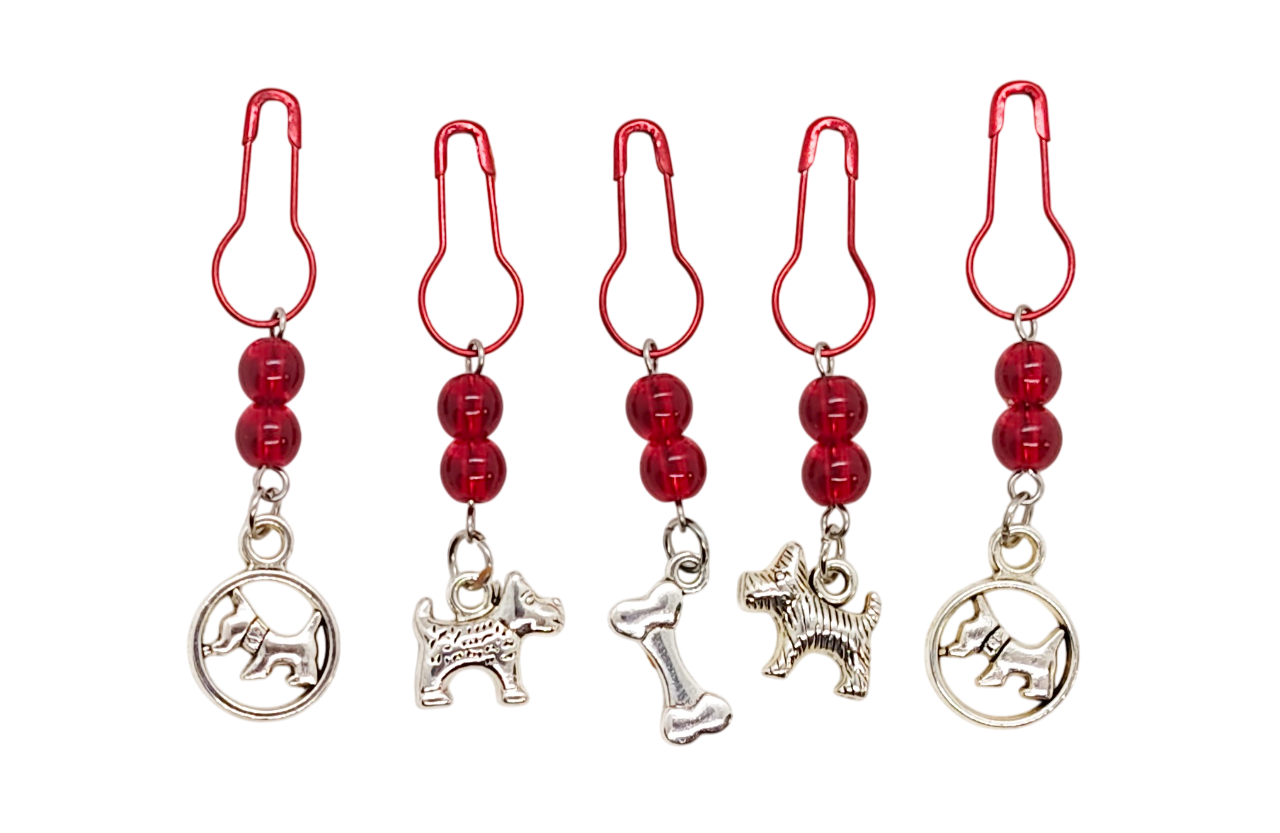Scottie Dog & Red Gemstone Beaded Stitch Markers 