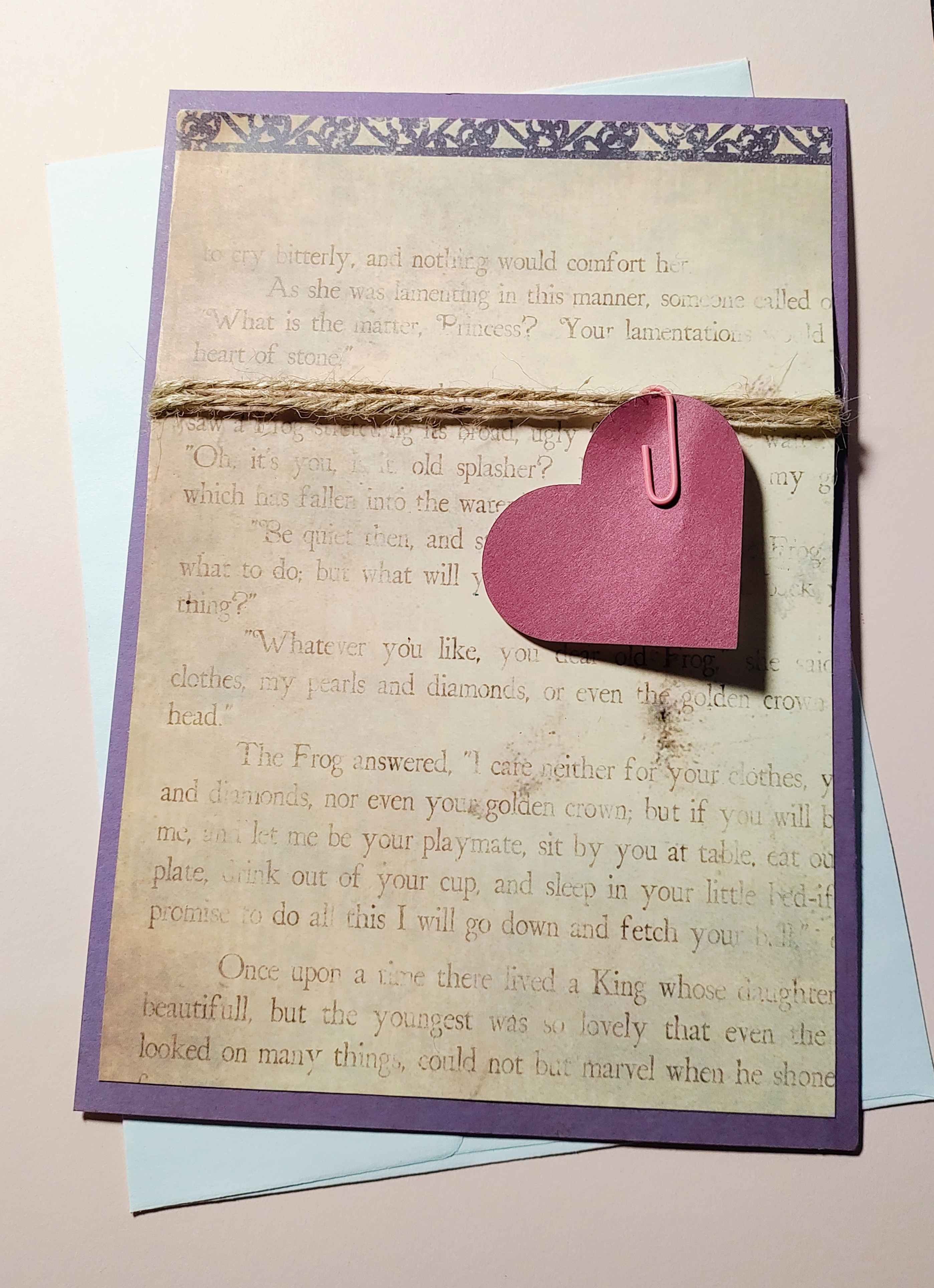 Handmade Heart Hanging From Twine Greeting Card with Envelope 