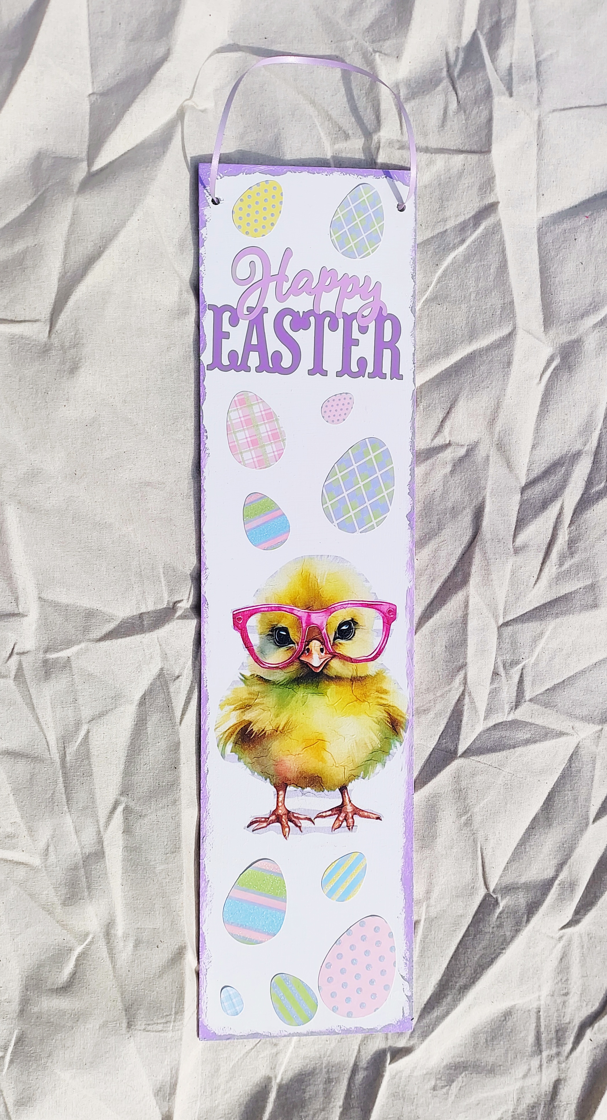 Long Decorative Happy Easter Chick with Glasses Wooden Plaque 
