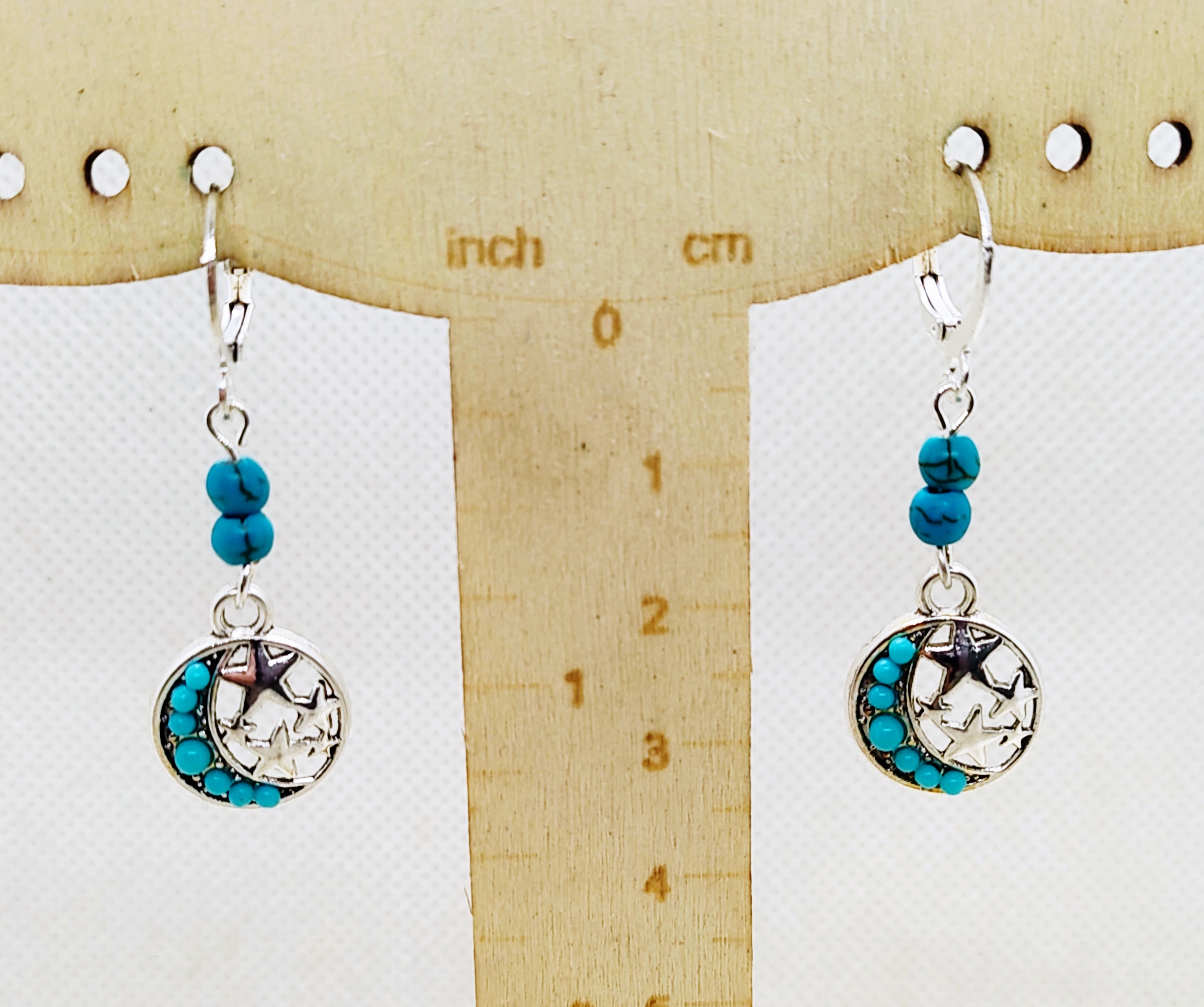 Turquoise Gemstone Crescent Moon and Stars Dangle Earrings with Leverbacks