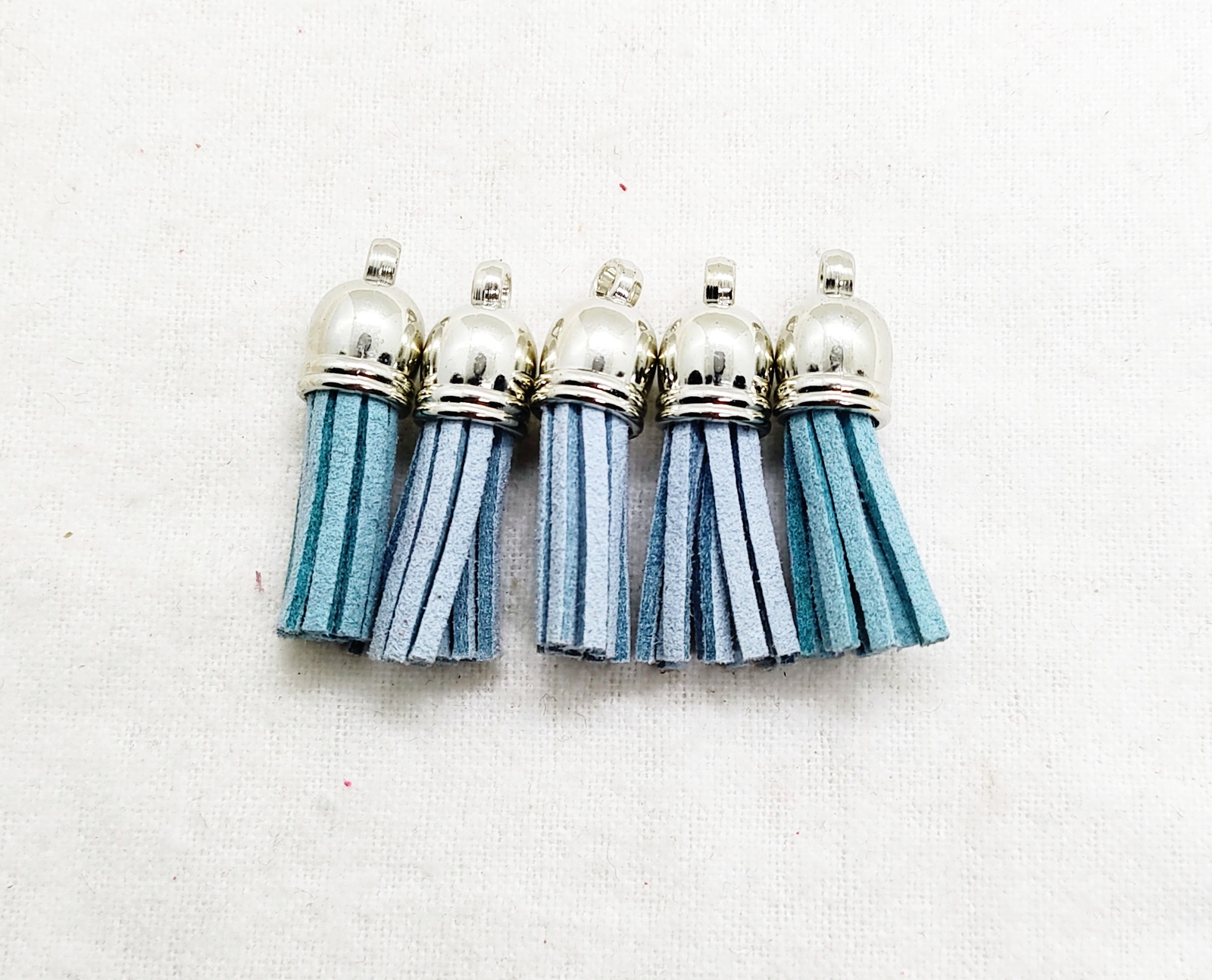 Blue Mix Suede Leather Tassel Charms with Silver Tops 