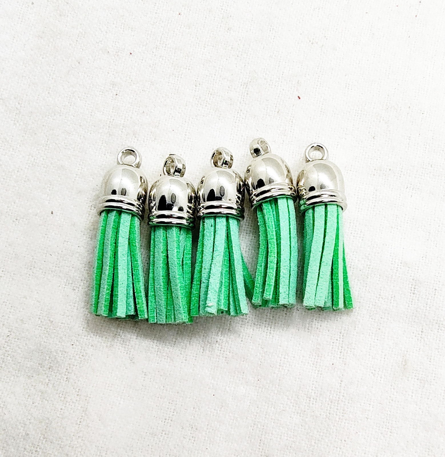 Pale Green Suede Leather Tassel Charms with Silver Tops
