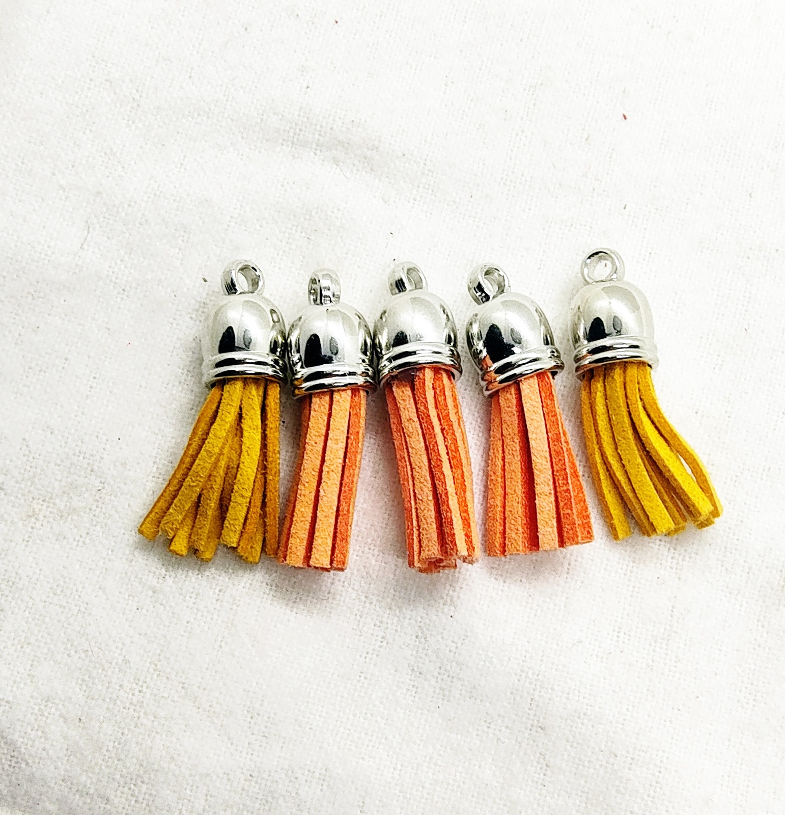 Orange, Yellow Mix Suede Leather Tassel Charms with Silver Tops