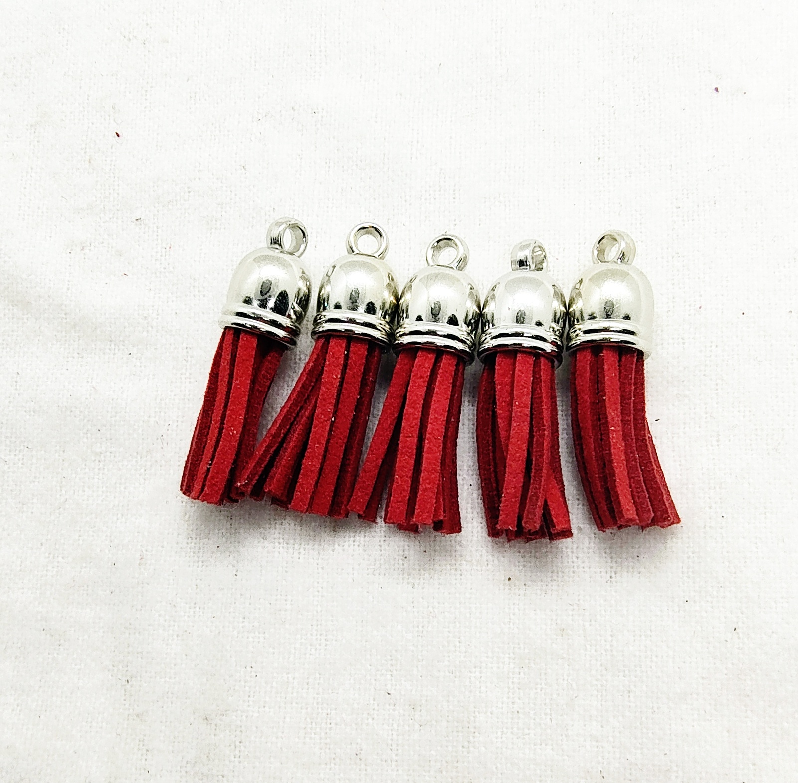 Red Suede Leather Tassel Charms with Silver Tops