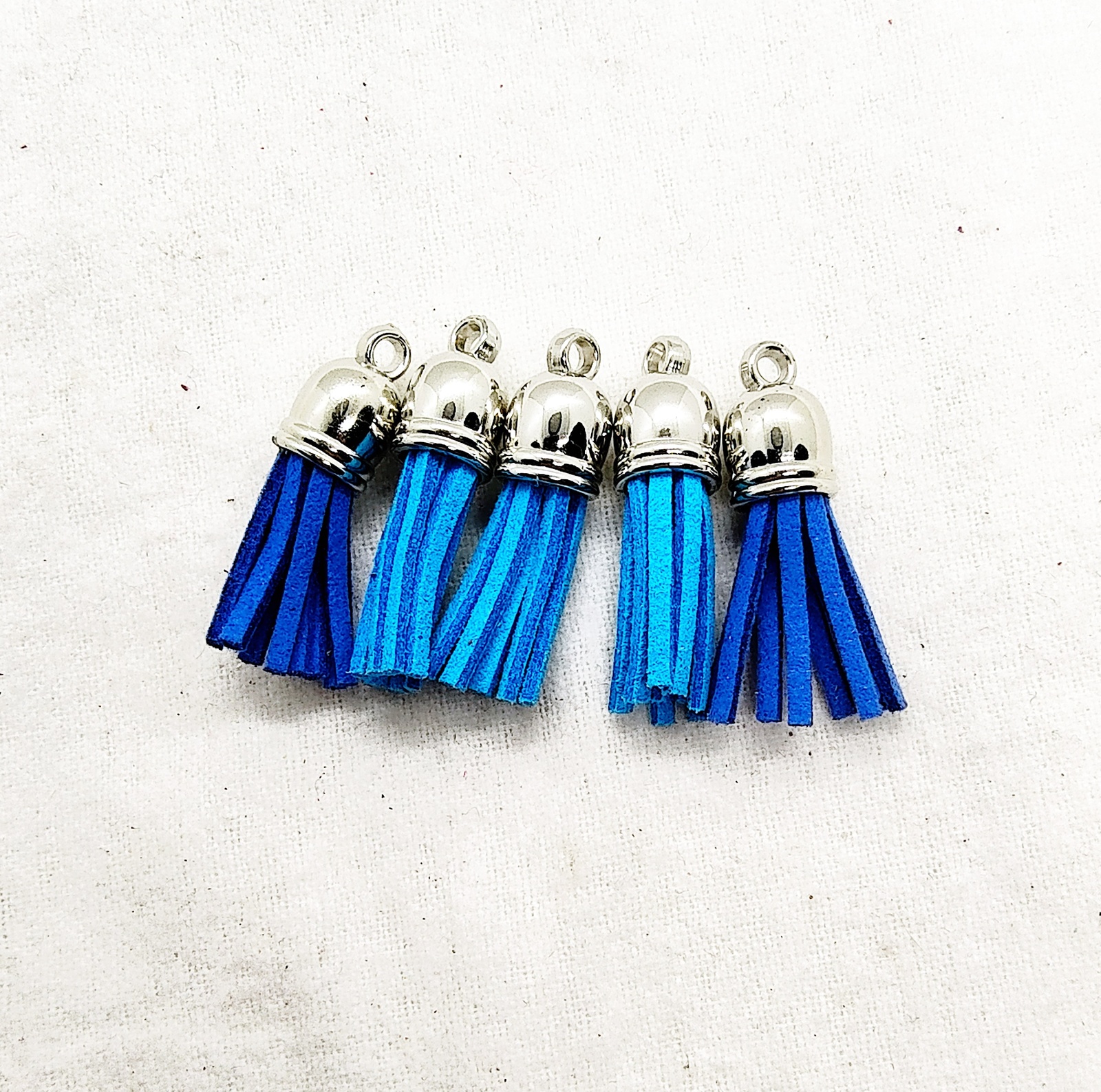 Blue Mix Suede Leather Tassel Charms with Silver Tops