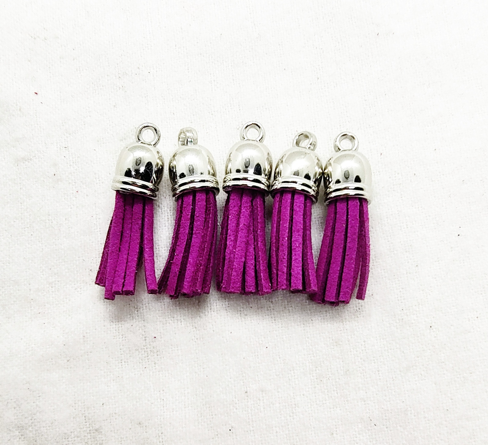 Fuchsia Suede Leather Tassel Charms with Silver Tops
