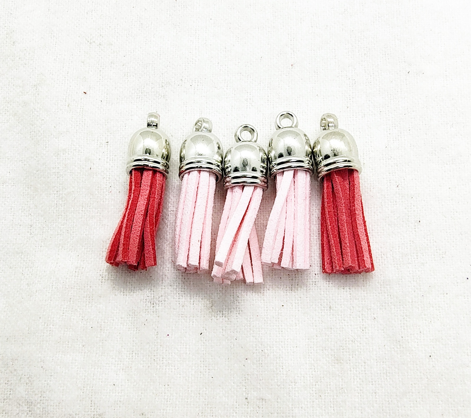 Pink Mix Suede Leather Tassel Charms with Silver Tops