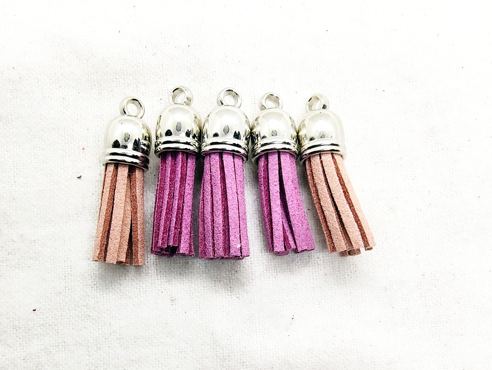 Pink Mix Suede Leather Tassel Charms with Silver Tops