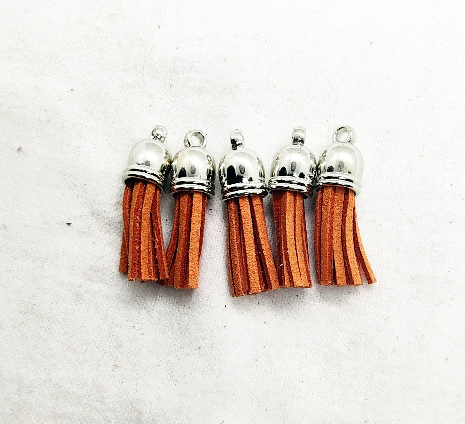 Burnt Orange Suede Leather Tassel Charms with Silver Tops