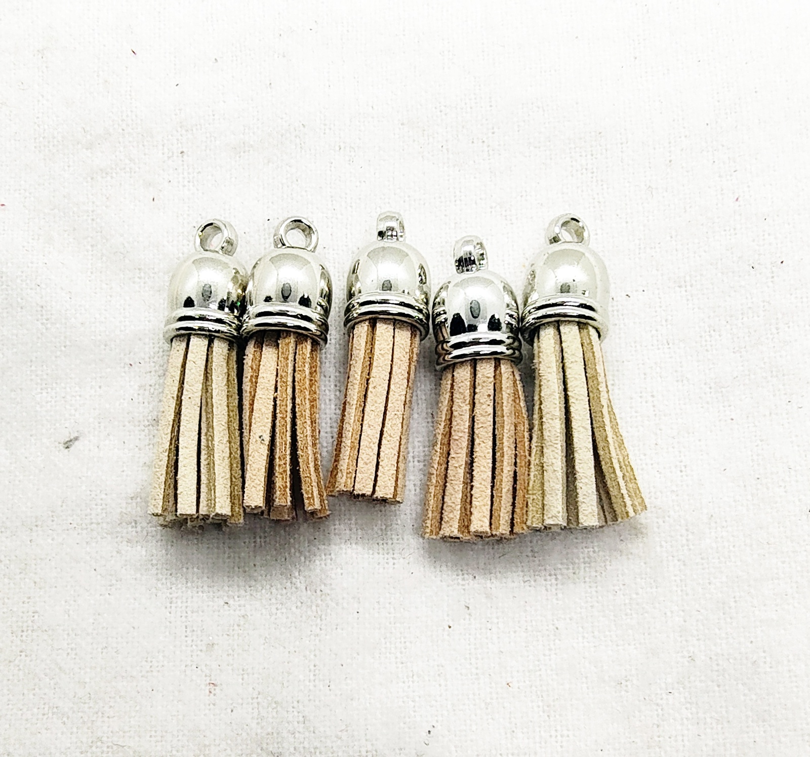 Tan Suede Leather Tassel Charms with Silver Tops