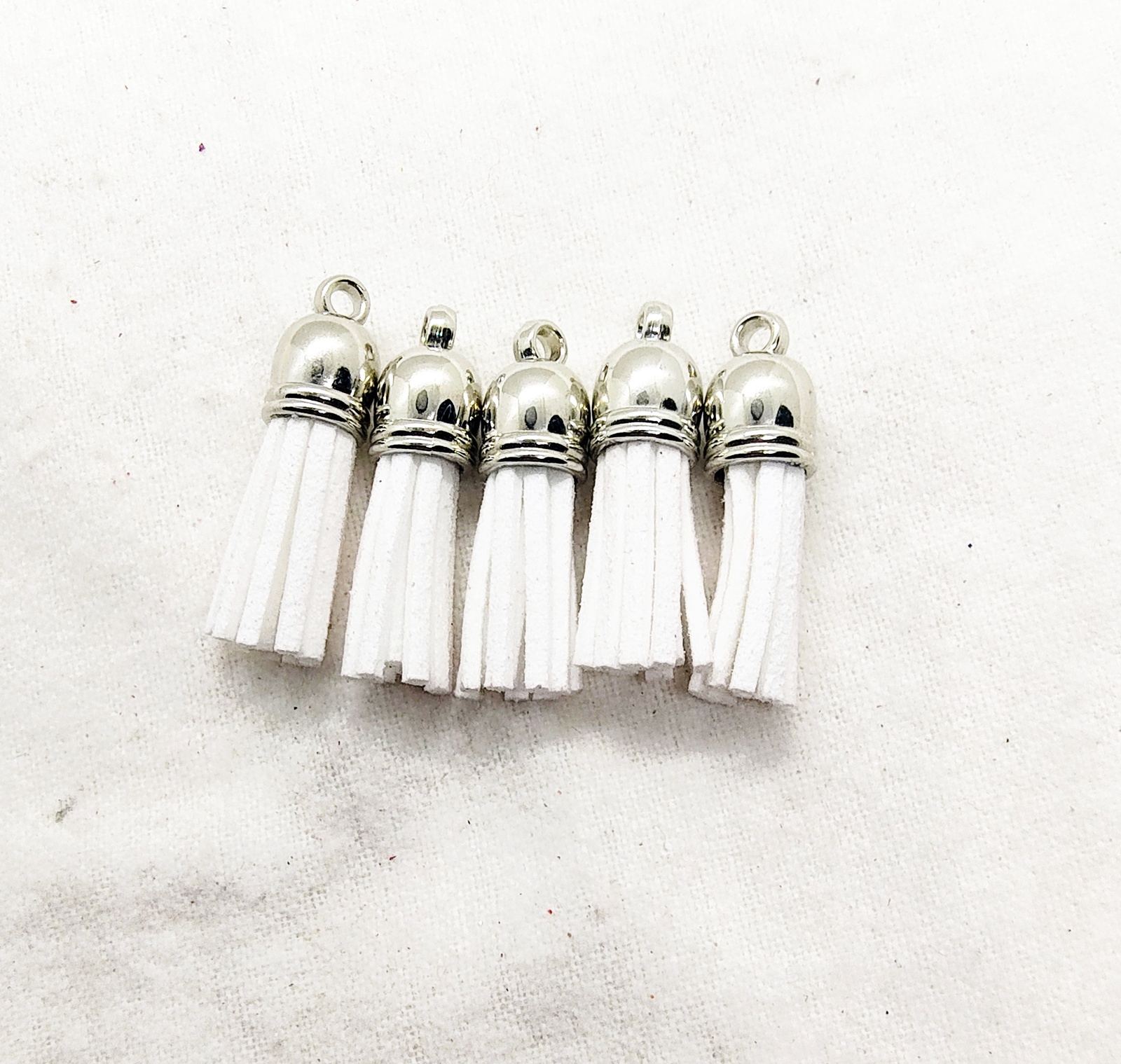 Pure White Suede Leather Tassel Charms with Silver Tops