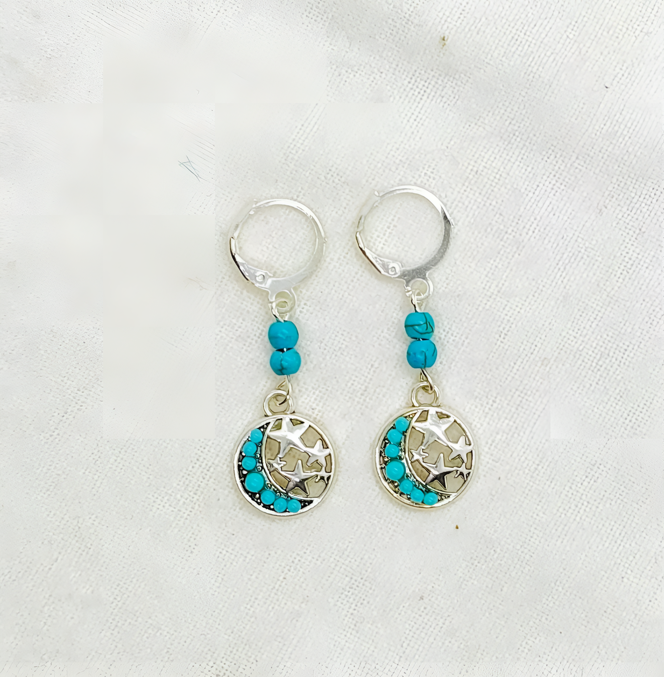 Turquoise Gemstone Crescent Moon and Stars Dangle Earrings with Leverbacks