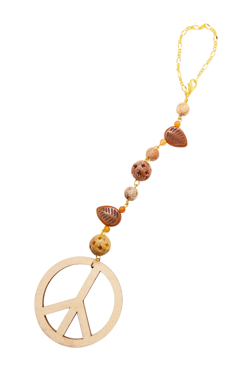Wooden Peace Sign & Gemstone Rear View Mirror Car Charm