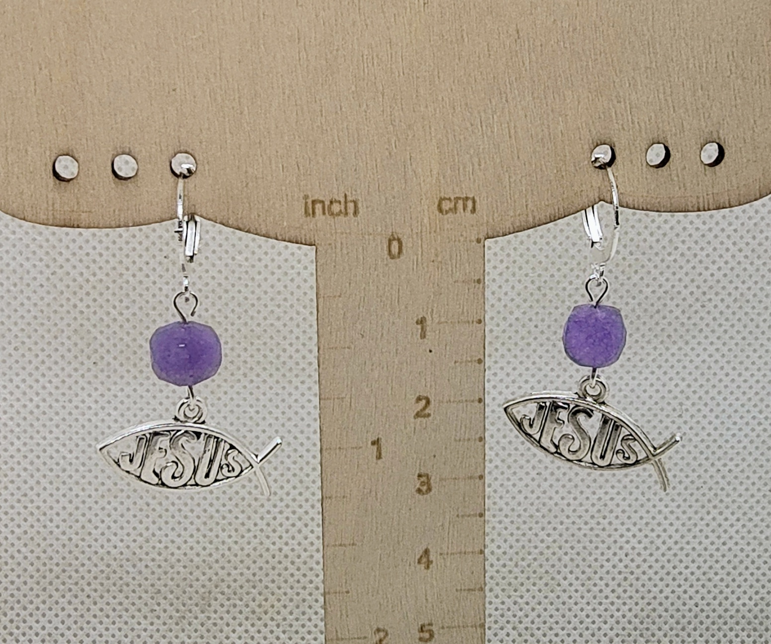 Religious Christian Jesus Fish Sign Amethyst Gemstone Dangle Earrings with Lever backs 