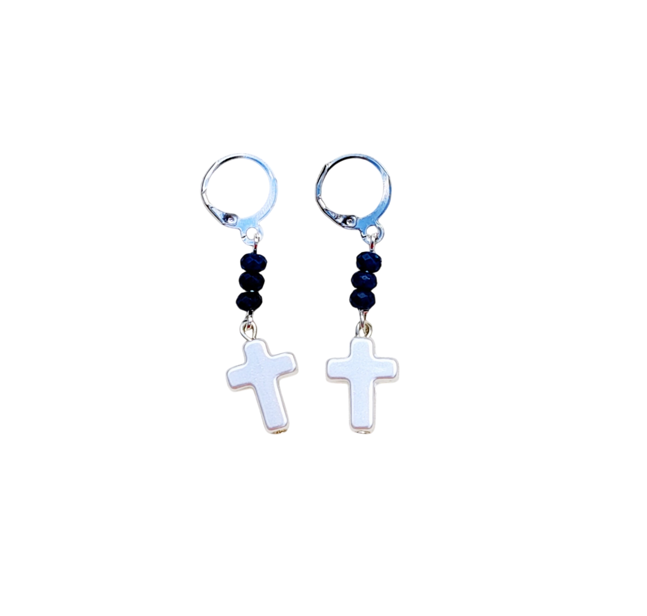 Religious Christian Sapphire Gemstone Pearl Cross Dangle Earrings with Lever Backs