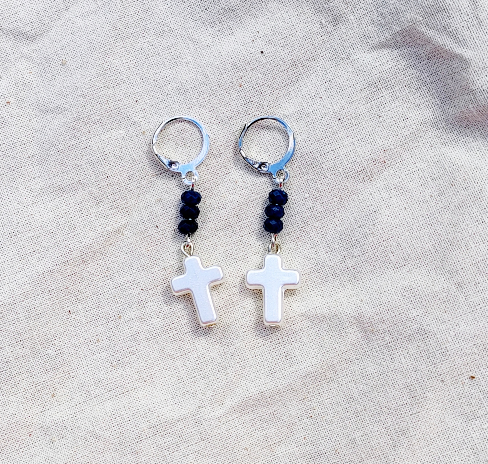 Religious Christian Sapphire Gemstone Pearl Cross Dangle Earrings with Lever Backs