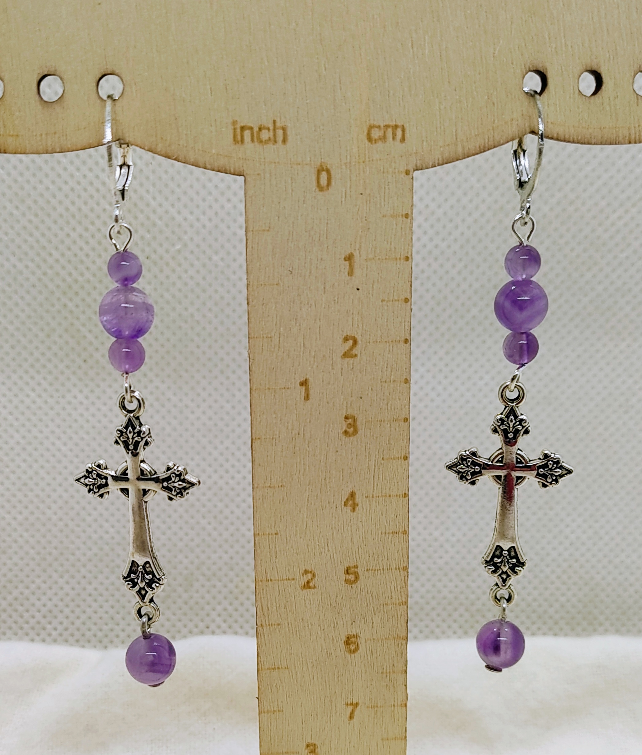 Religious Christian Amethyst Gemstone Cross Dangle Earrings with Lever Backs