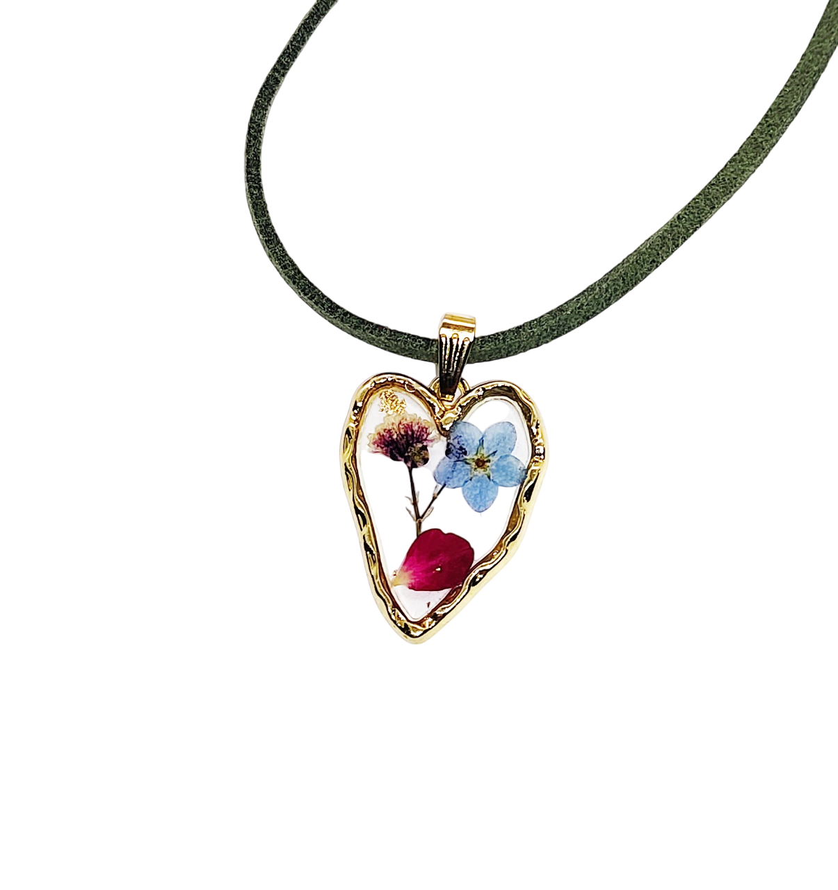 Pressed Flower Heart Pendant on Green Suede Necklace