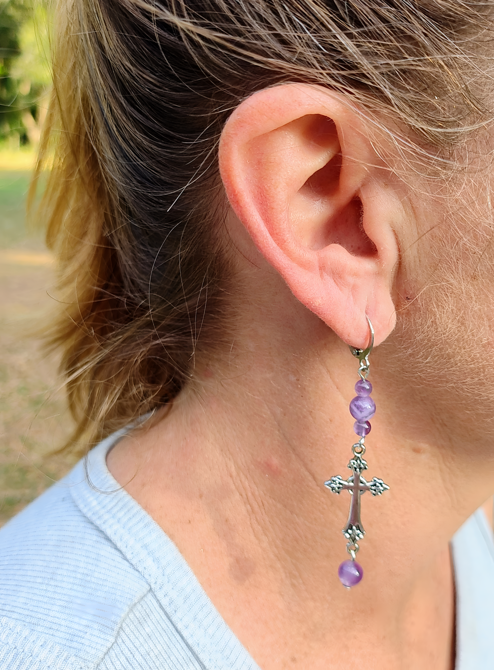 Religious Christian Amethyst Gemstone Cross Dangle Earrings with Lever Backs