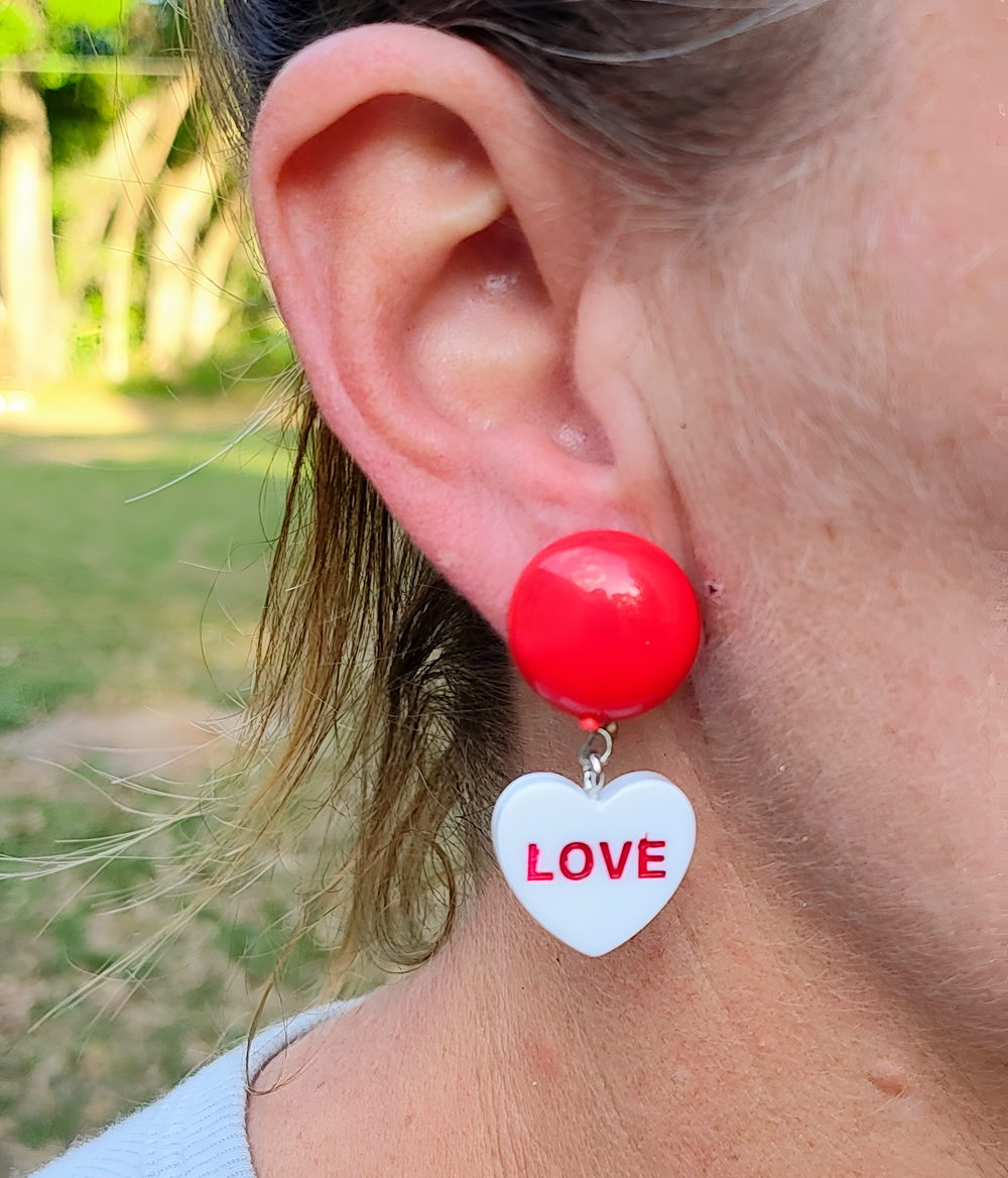 Valentine's Heart Shaped Candy Dangle Clip on Earrings 